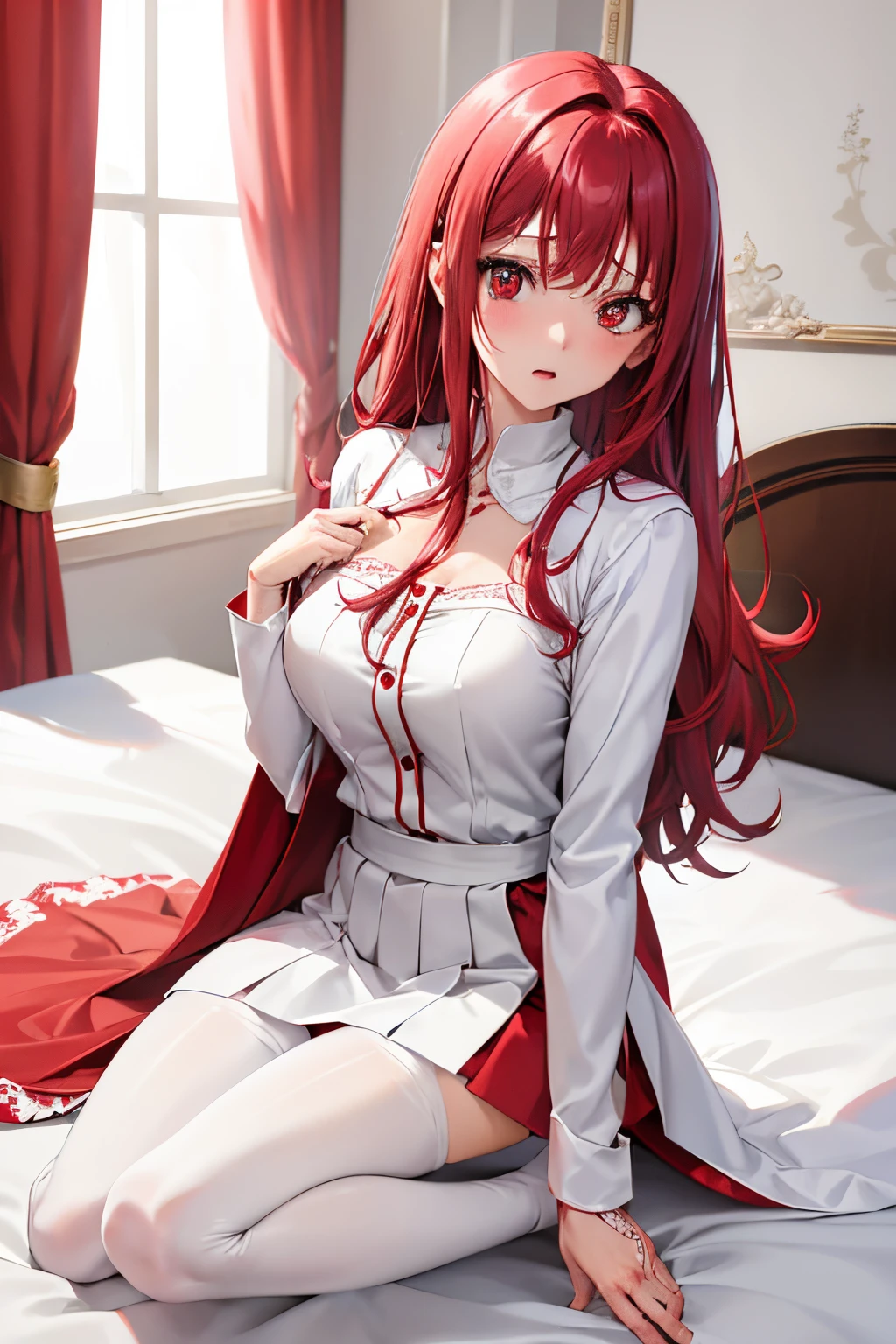 masutepiece, Best Quality, 1girl in, (Karen Stadtfilt),Red color hair, (red eyes:1.2),((weddingdress))、((robe blanche))、Semi-long hair、((embarassed expression))、((Bedroom))、((long boots))、((a miniskirt))、((pantyhose))、