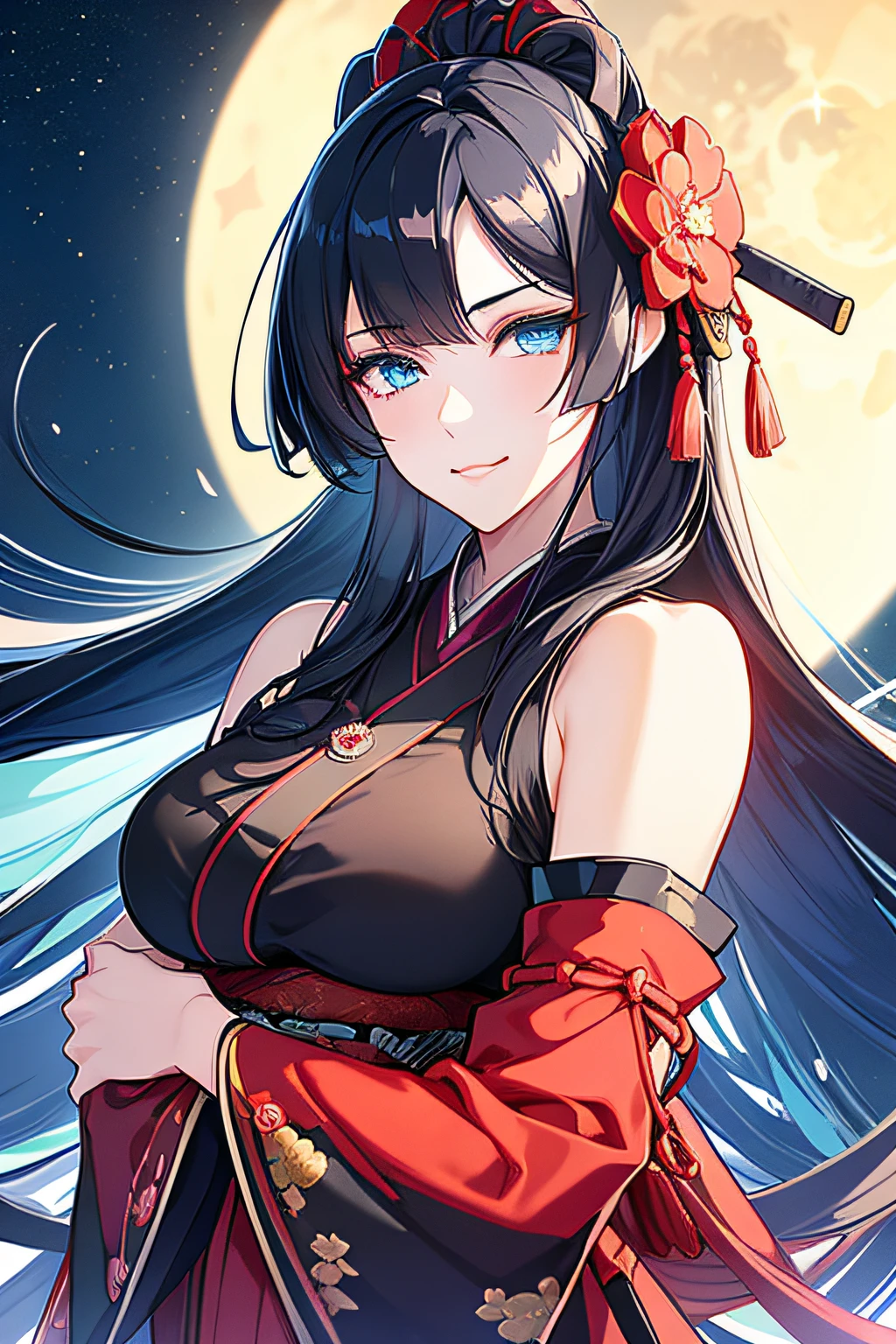 high resolution, (masterpiece), 4k, portrait, ((from front)), (upper body), ((1girl)), (((detailed long black hair with red strands))), (floral hair ornament), ahoge, (((((crossed bangs))))), ((bright cyan blue eyes)), athletic build, (large chest), wide hips, long legs, (((black battle kimono with floral designs and rolled up sleeves))), ((red obi)), (((samurai shoulder plate))), (side boob), coy smirk, (arms crossed), confident pose, night time, stars, full moon, japanese modern city, rooftops, skycraper in the distance, wind