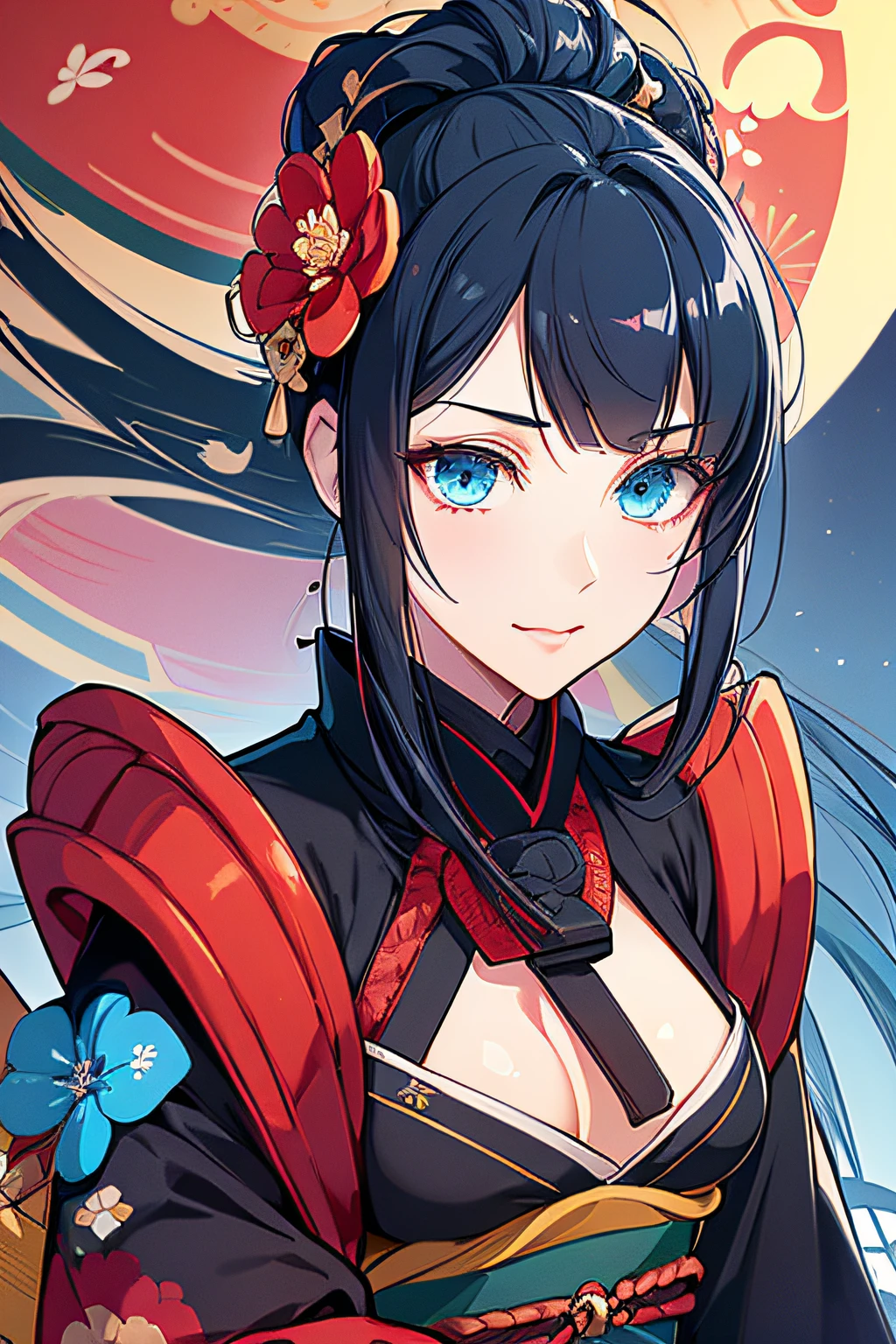 high resolution, (masterpiece), 4k, portrait, ((from front)), (upper body), ((1girl)), (((detailed long black hair with red strands))), (floral hair ornament), ahoge, (((((crossed bangs))))), ((bright cyan blue eyes)), athletic build, (large chest), wide hips, long legs, (((black battle kimono with floral designs and rolled up sleeves))), ((red obi)), (((samurai shoulder plate))), (side boob), coy smirk, (arms crossed), confident pose, night time, stars, full moon, japanese modern city, rooftops, skycraper in the distance, wind