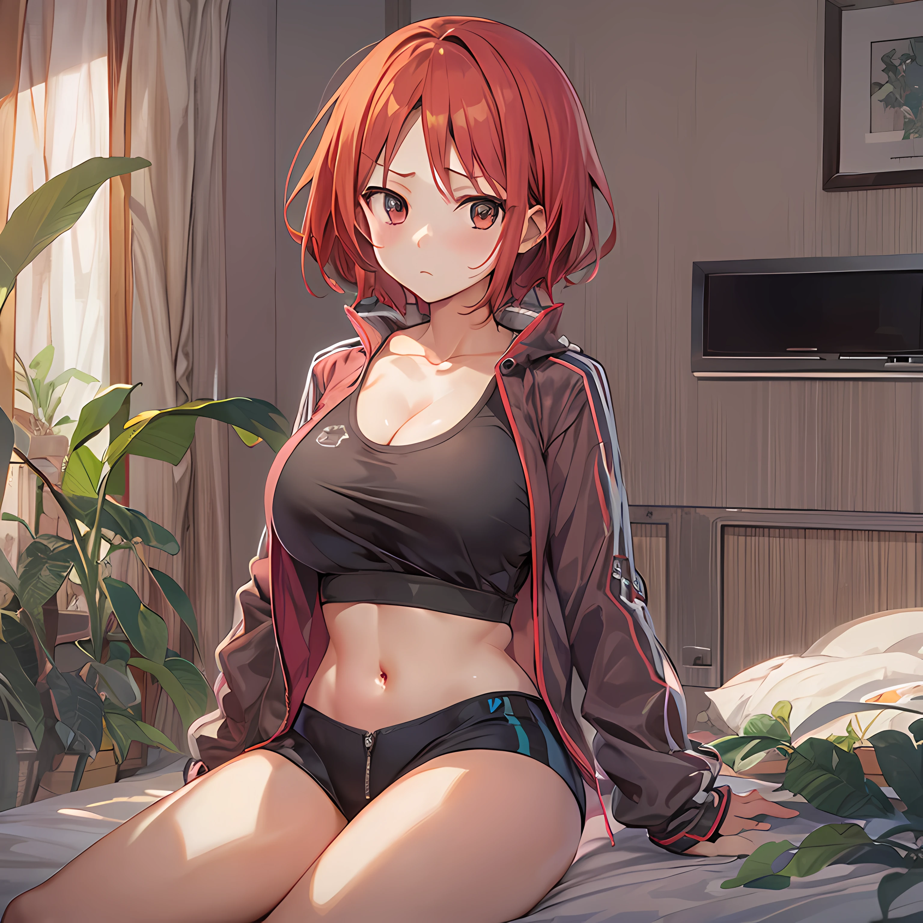 Nishikino maki, purple eyes,red hair,pink Crop top, white tight shorts,soaked in sweat,sweaty,  heavy breathing,red face,blunt hair,curvy body, lying on bed, spread legs