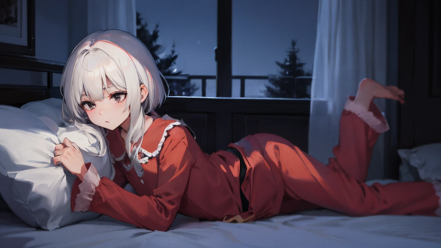 4K、Realstic、Charismatic、higly detailed、There is a girl in pajamas on the bed、She is sleepy、White theme、White hair、25age、full full body、((Night))、megumin, nsfw