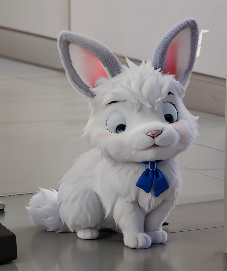 A furry white rabbit sitting on a white floor