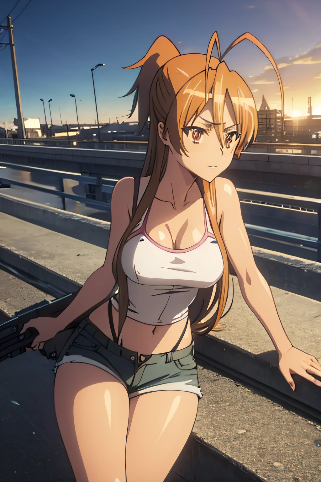 Anime, Highschool of the Dead, ((Artist: Shoji Sato)), ((From above)), 1girl, ((Rei Miyamoto_(Highschool_of_the_Dead))), (waist length orange-brown hair tied in ponytail), confident grin, sleeveless black crop top, ripped denim booty shorts, (large breasts), small cleavage, sitting on a ledge, rooftops, holding a scoped military rifle, modern city background, day time