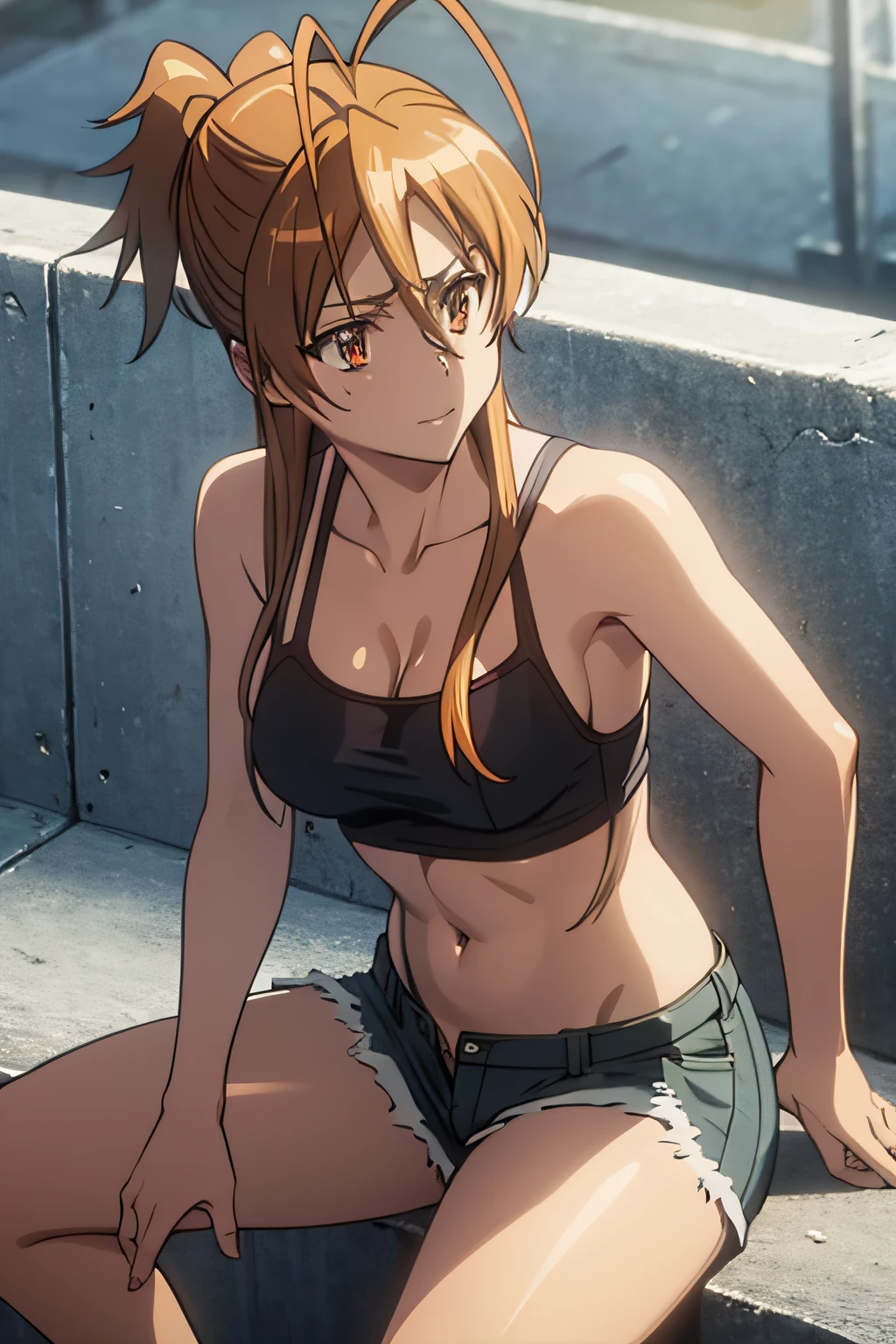 Anime, Highschool of the Dead, ((Artist: Shoji Sato)), ((From above)), 1girl, ((Rei Miyamoto_(Highschool_of_the_Dead))), (waist length orange-brown hair tied in ponytail), confident grin, sleeveless black crop top, ripped denim booty shorts, (large breasts), small cleavage, sitting on a ledge, rooftops, holding a scoped military rifle, modern city background, day time