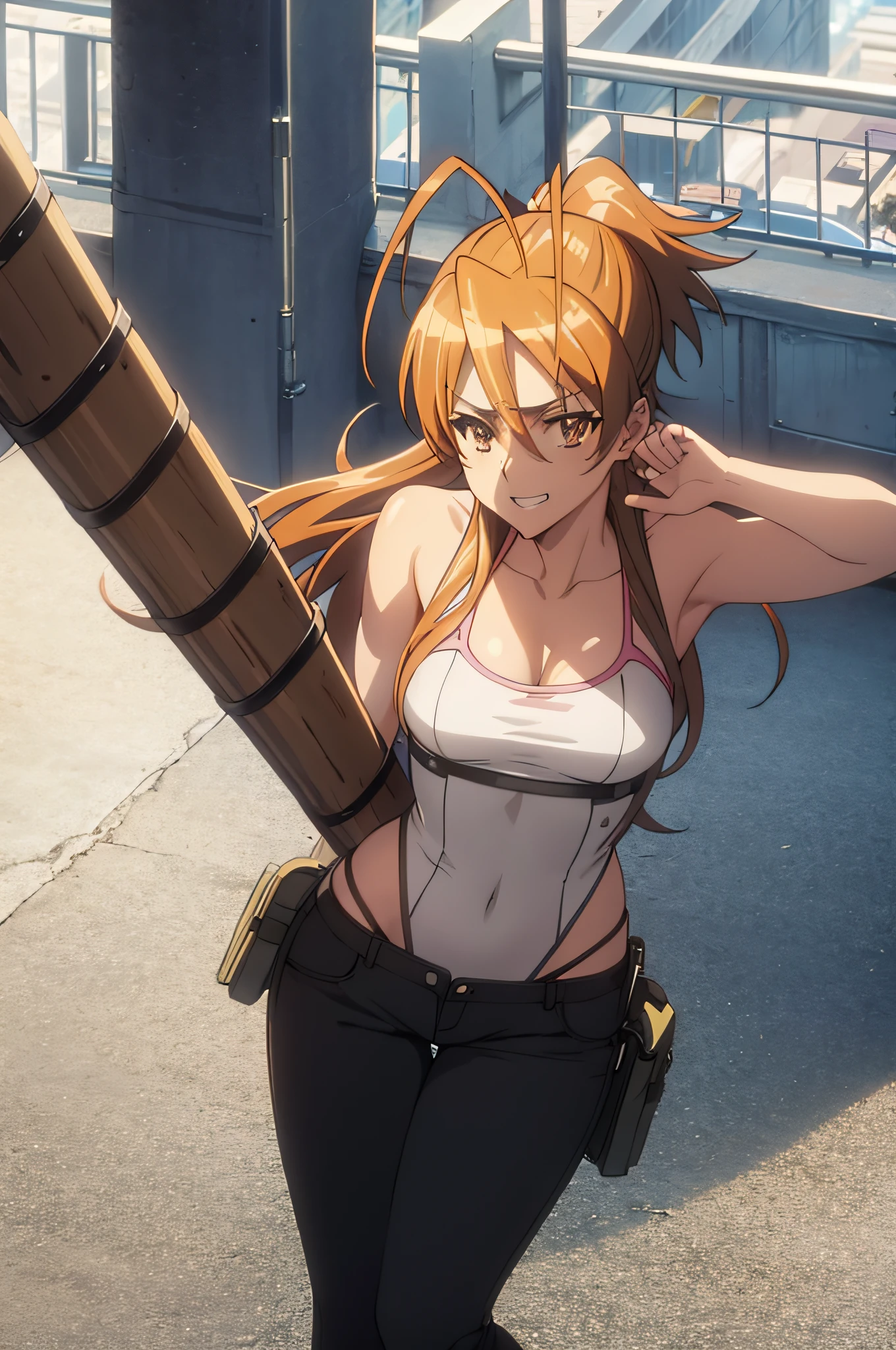 Anime, Highschool of the Dead, ((Artist: Shoji Sato)), ((From above)), 1girl, ((Rei Miyamoto_(Highschool_of_the_Dead))), (waist length orange-brown hair tied in ponytail), brown eyes, (looking at viewer), ((flirty grin)), blush, sleeveless black crop top, ripped denim booty shorts, (large breasts), small cleavage, sitting on a ledge, rooftops, modern city background, day time