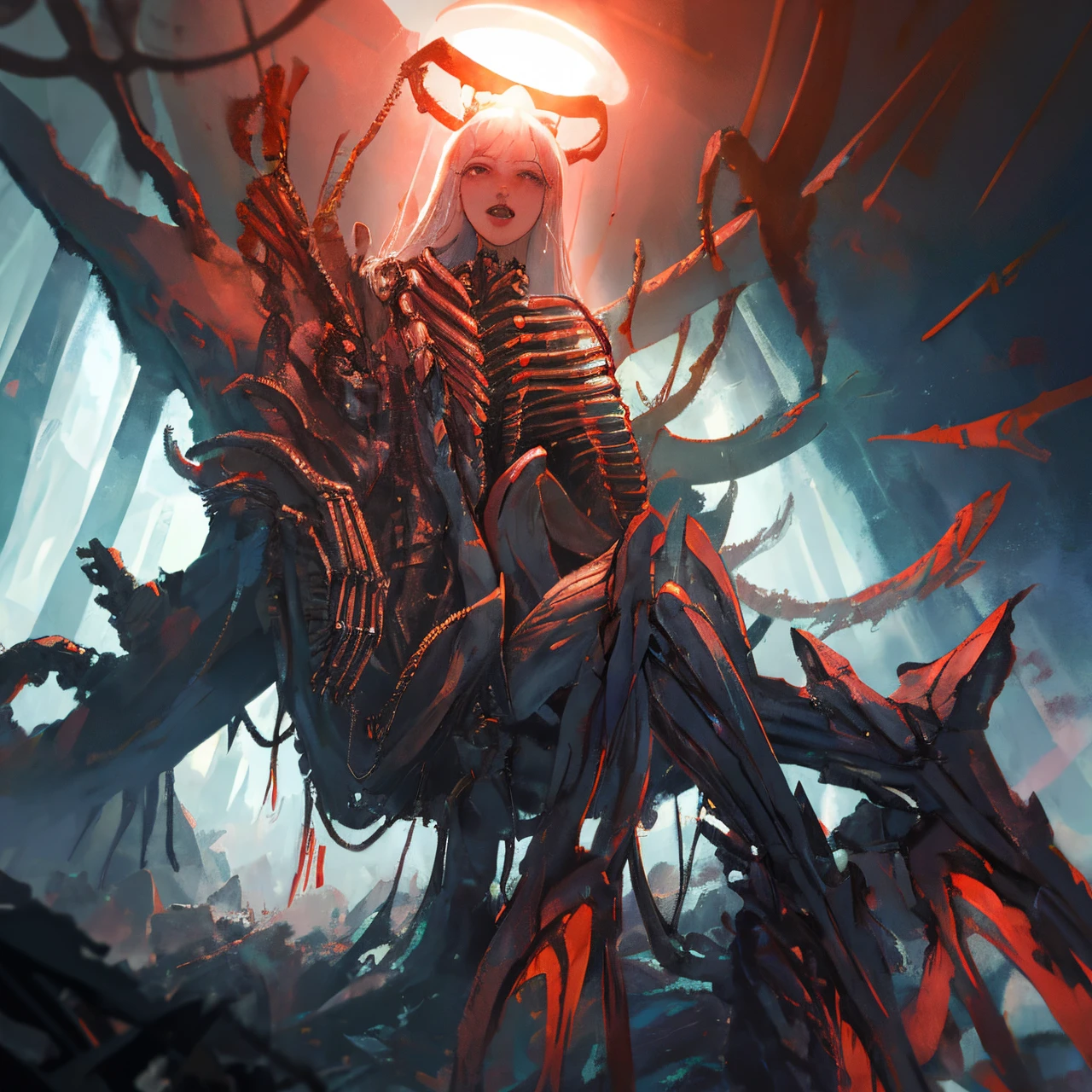 Beautiful Female Xenomorph, photorealistic style, creature, sci-fi, dark, sleek texture, shiny exoskeleton, biomechanical design, elongated head, elongated jaw, sharp teeth, piercing black eyes, slender body, biomechanical tail, translucent membrane, eerie atmosphere, lush alien landscape, vibrant flora, mysterious rock formations, atmospheric lighting, cascading waterfalls, ethereal mist, distant alien sky, captivating celestial bodies