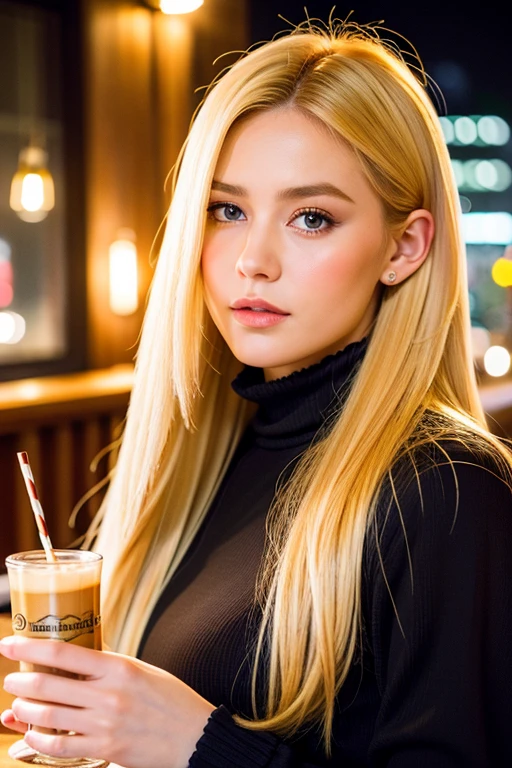 (best quality, Meisterwerk:1.2), frau,blond, fotness, portrait, Bei Nacht, Dark cafe, Detaillierter Himmel