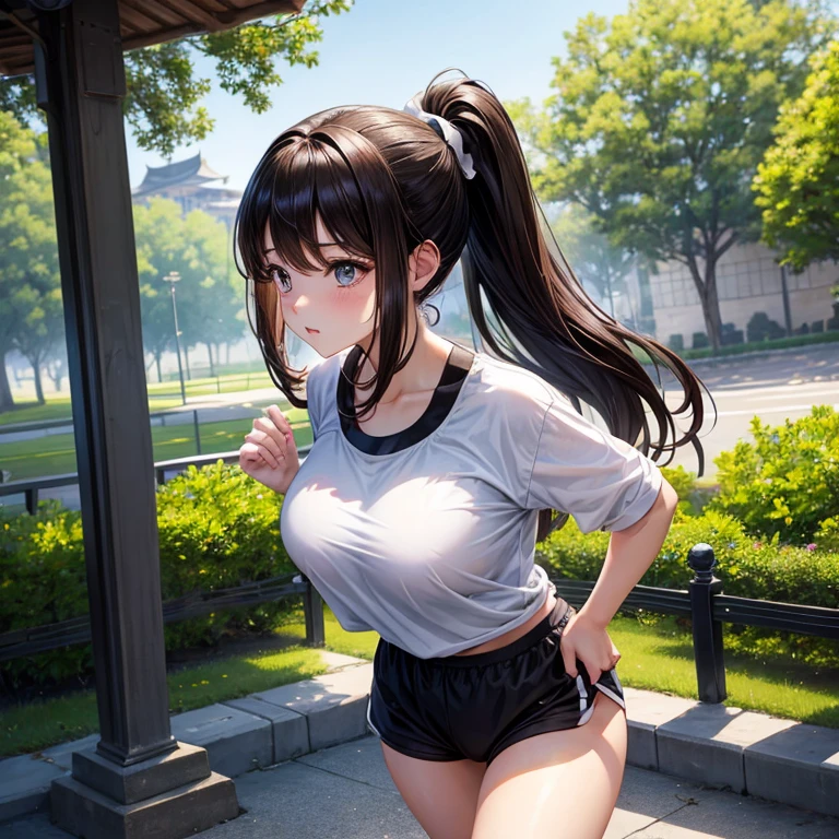 animesque、a beauty girl、poneyTail、morning、jogging、a park、perspiring、white and black jersey、Brown hair、Colossal tits、