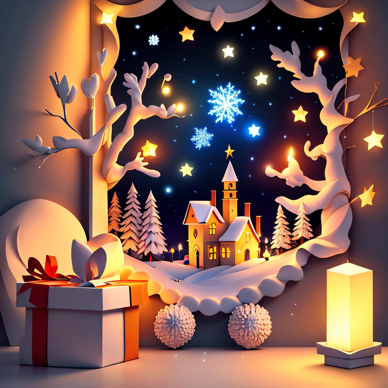 Lumière douce,(couleur chaude:1.2),Peinture à l’aquarelle,fond clair,Détails exquis de la qualité,Rendu 3D,Rendu octane, Nuit, lune, sapin de Noël décoré, Noël, village, neige, brouillard, froid, étoiles, cadeau, animaux, traineau, Père Noël, lutins, ambiance de Noël, décor de Noël (_couper:1.15),