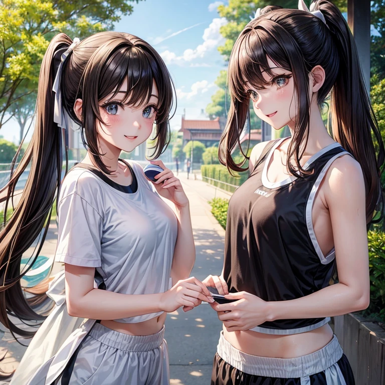 masterpiece、High resolution、High resolution、high quality、High resolution、(((Two teenage girls hugging each other)))、Pompadour、The forehead is visible、Beautiful lipoist lips、((Very large breasts))、Courting face、Smiling with teeth showing、((near))、White gym clothes、Sweaty、Schoolyard