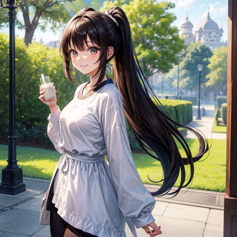 animesque、a beauty girl、poneyTail、morning、Jogging、a park、perspiring、white and black jersey、Brown hair、A smile、