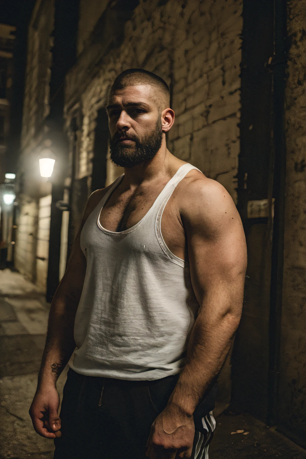 masterpiece, best quality, 1boy, uncle, xxl, huge body, male, beard, chav, rough, dirty, white tank-top, Mancunian, mean, bully, druggy, skinhead, in the neighbourhood, big arms and pecs , realistic, dramatic lighting, atmospheric, intricate detail,