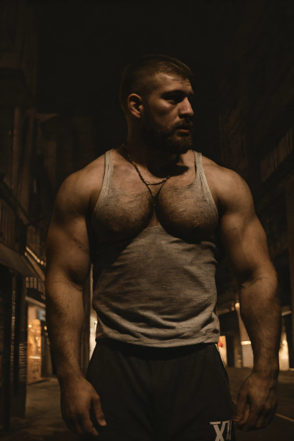 masterpiece, best quality, 1boy, uncle, xxl, huge body, male, beard, chav, rough, dirty, white tank-top, Mancunian, mean, bully, druggy, skinhead, in the neighbourhood, big arms and pecs , realistic, dramatic lighting, atmospheric, intricate detail,