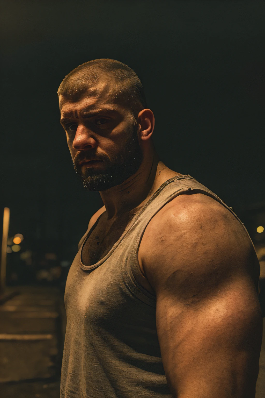 masterpiece, best quality, 1boy, uncle, xxl, huge body, male, beard, chav, rough, dirty, white tank-top, Mancunian, mean, bully, druggy, skinhead, in the neighbourhood, big arms and pecs , realistic, dramatic lighting, atmospheric, intricate detail,