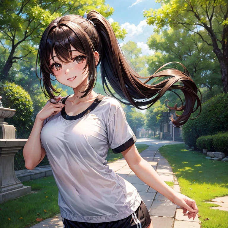 animesque、a beauty girl、poneyTail、morning、Jogging、a park、perspiring、white and black jersey、Brown hair、Brown eyes、A smile、