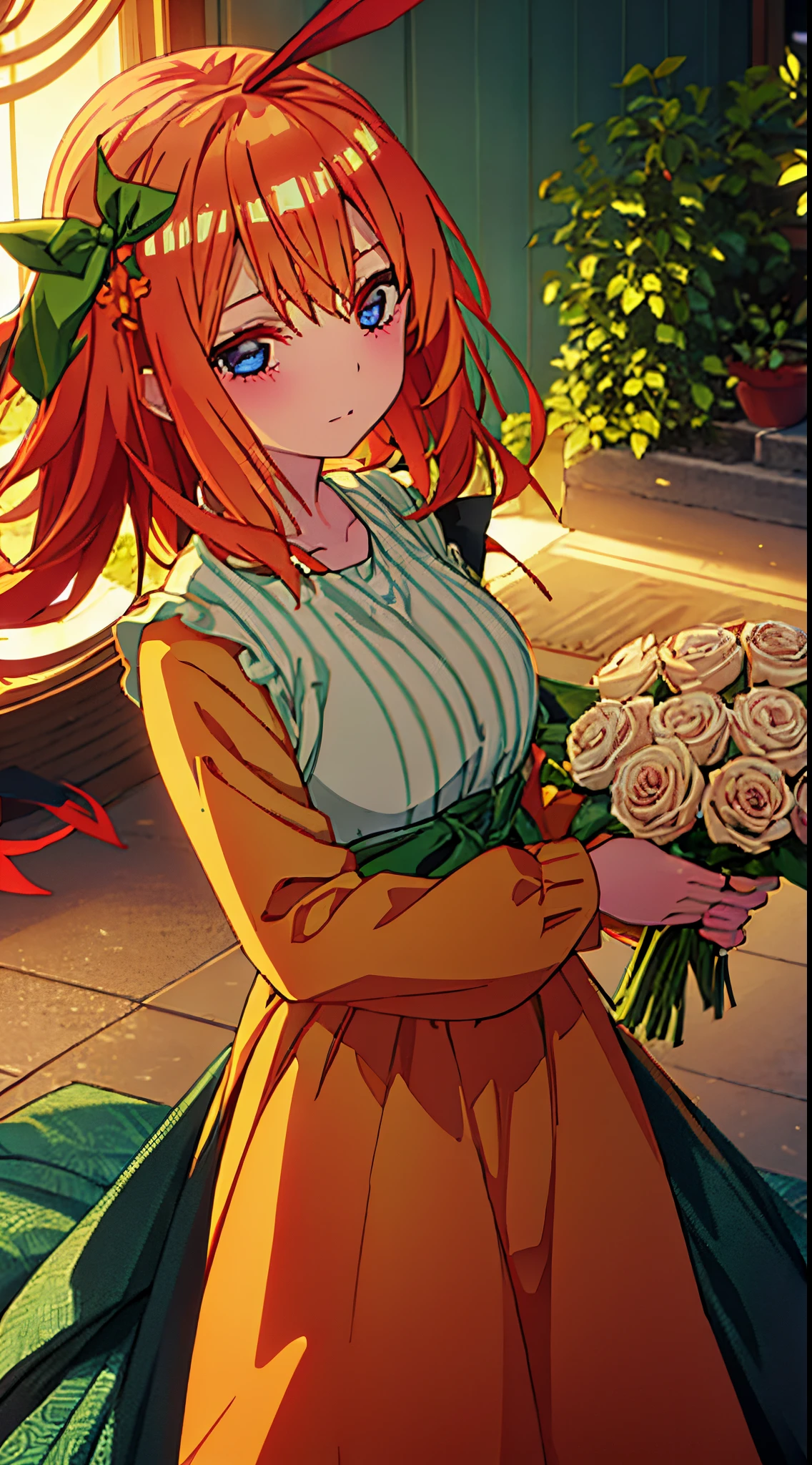 nakano_yotsuba_gotoubunnohanayome, orange_hair, bangs, ribbon, green_ribbon, hair_ribbon, blush, hair_between_eyes, blue_eyes, short_hair, eyebrows_hidden_by_hair, closed_mouth, lora: