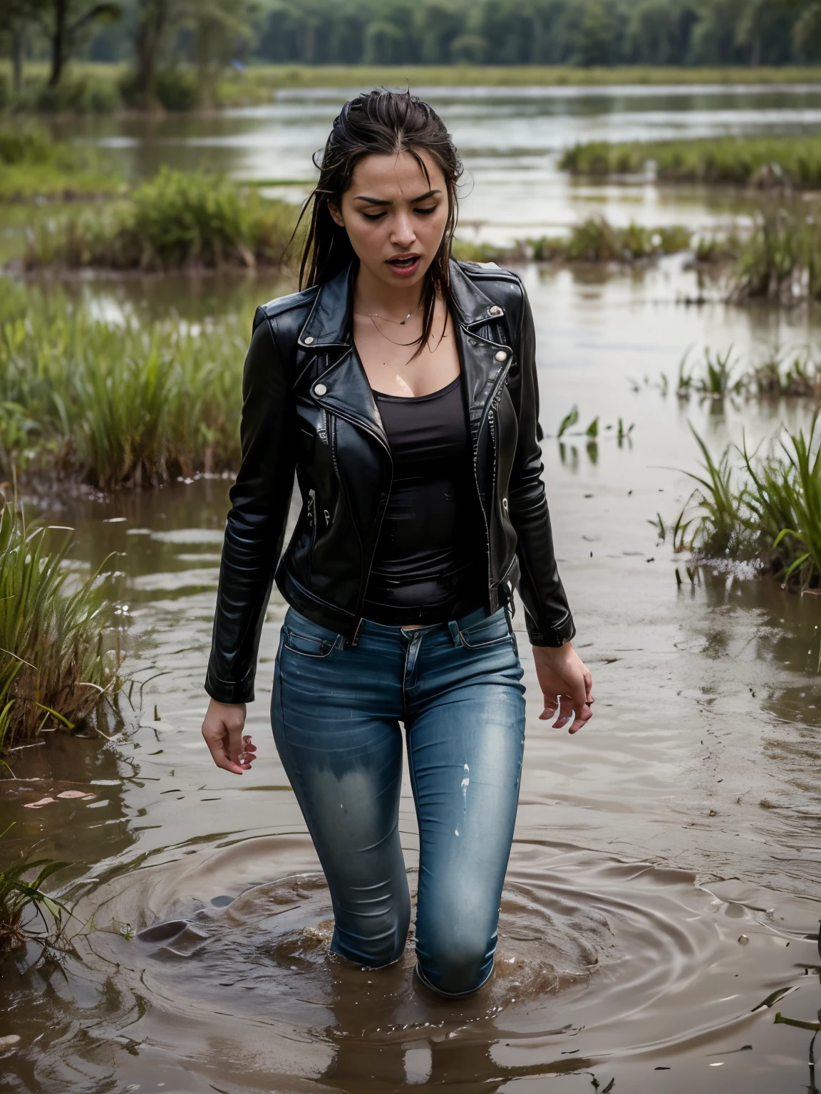 Breaking taboos,timidly seduces,Inevitable punishment, wearing jeans and a leather jacket drowning in a swamp while standing,in the middle of the swamp,Vulnerability,fetish,Scared,ecstasy,provocative,soaked in brown liquid mud