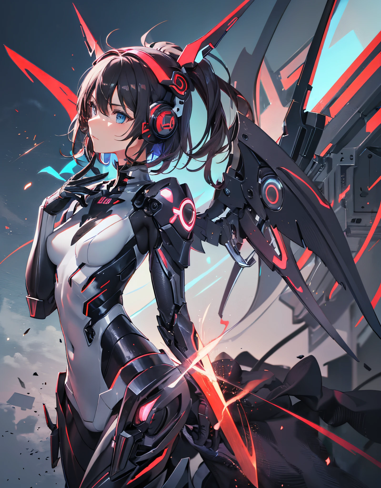 (Full_body)) Anime figure, (girl in “mecha cyber armor”), perfect anime woman, Anime shoujo mecha, female mecha, anime robots, Beautiful girl with bedroom and deep ditch, anime girl, Best Anime 4K, Beautiful organic woman mix, mecha suit, Beautiful white girl melancholic expression King Ayanami,full metal armor,Stand with a sword in your hand, Sword in both hands Zero machine background, Ultra-clear steel wings, Metal emblem pattern