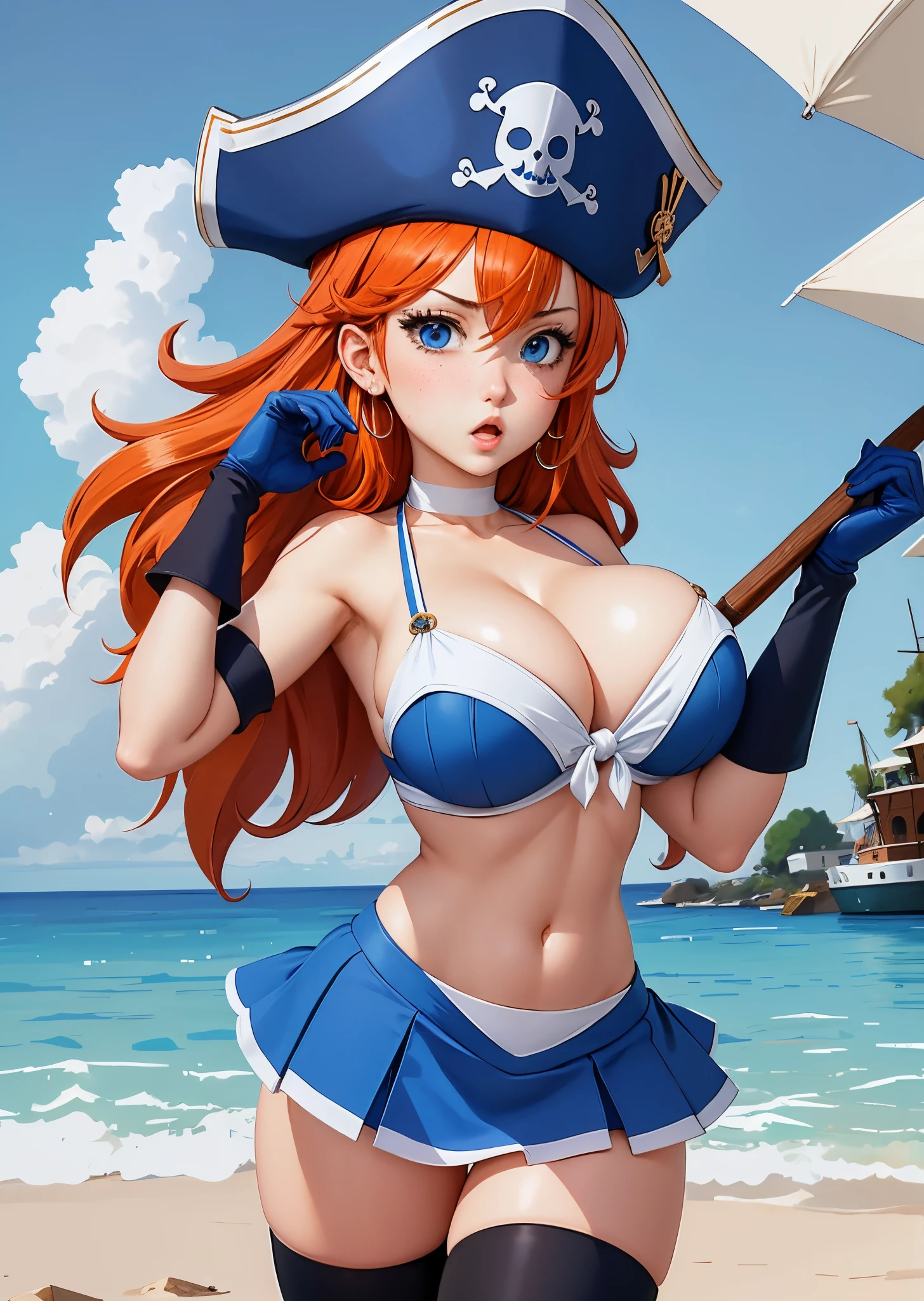 masterpiece, best quality, 1 pirate girl, huge breasts, cleavage, white bikini top, navel, blue miniskirt, pirate hat, blue gloves, black thighhighs, long orange hair, blue eyes, blush, :o, (troubled face), (((white background)))