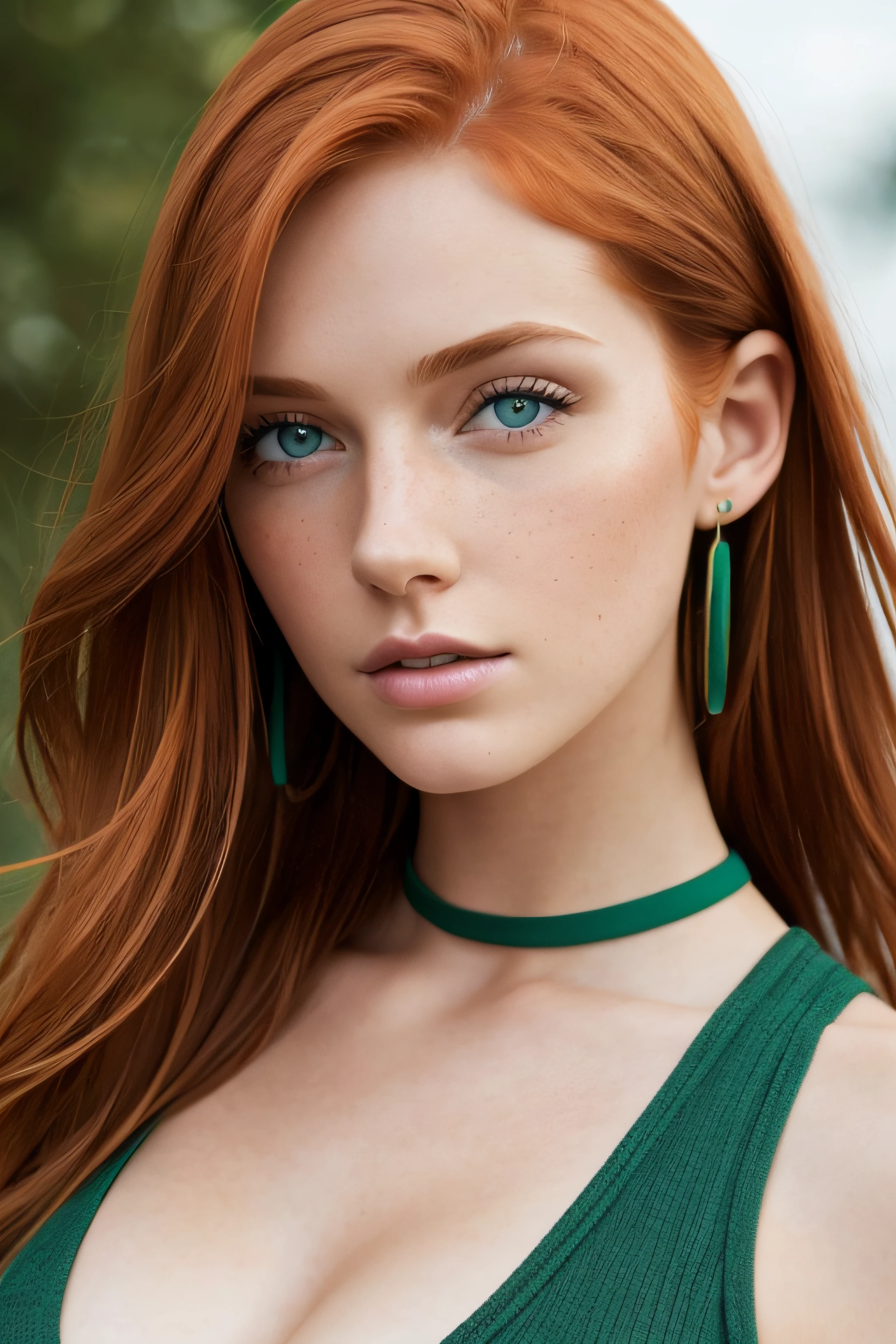 (close-up editorial photo of 20 yo woman, ginger  hair, slim American sweetheart), (freckles:0.8), (lips parted), realistic green eyes, POV, realistic[:, (film grain, 25mm, f/1.2, dof, bokeh, beautiful symmetrical face, perfect sparkling eyes, well defined pupils, high contrast eyes, ultra detailed skin, skin pores, vellus hair, fabric stitching, fabric texture, wood grain, stone texture, finely detailed features:1):0.9]