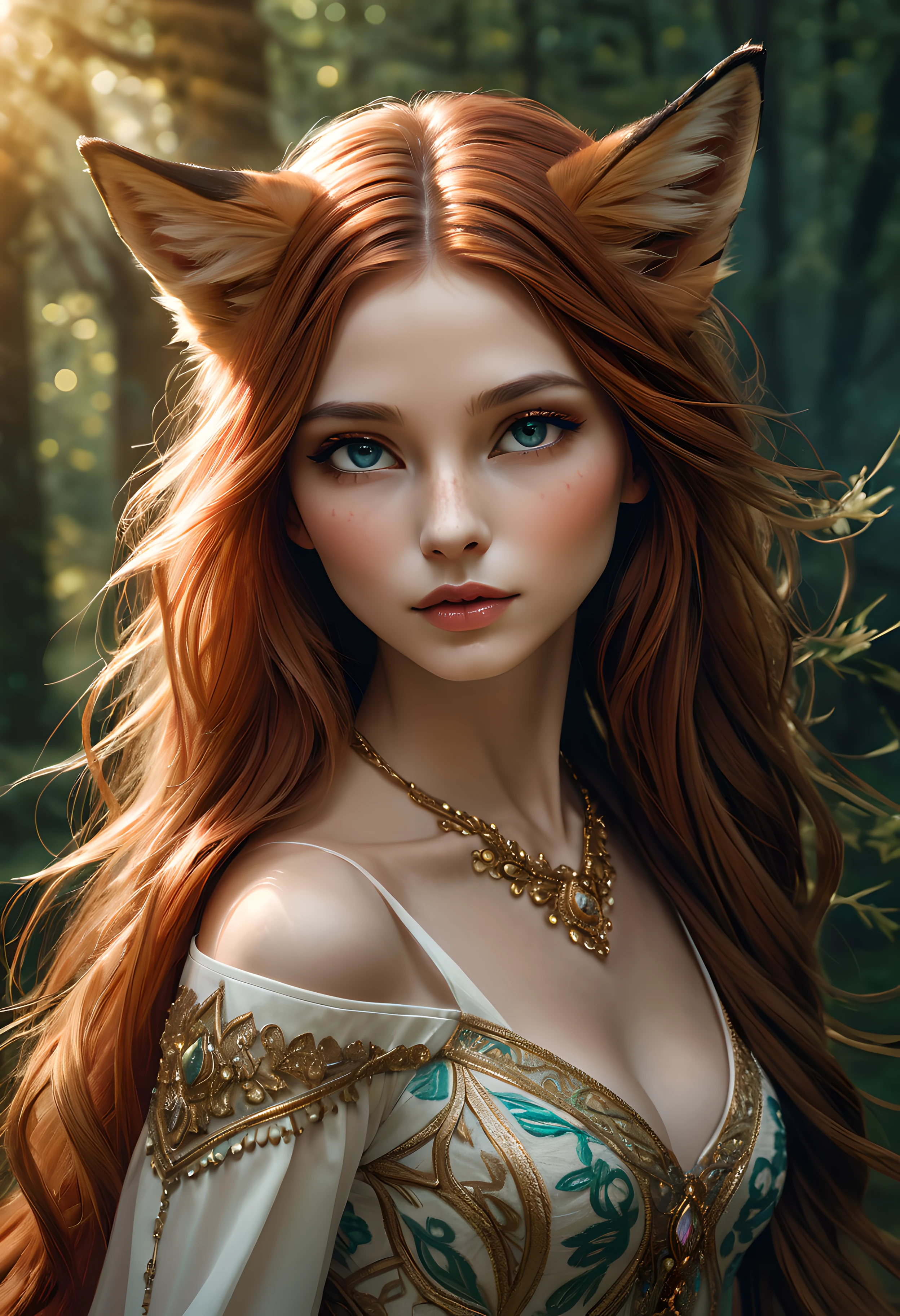 hight resolution,Ultra-detailed,The Fox Woman,beautiful detail eyes,beautiful detailed lips,Long flowing hair,Flawless porcelain skin,Graceful posture,Unearthly beauty,Enchanted Forest Background,bright colours,Soft sunlight, Piercing the Trees,mythical creature,spirit of nature,intricate patterns on her fur,elegant and alluring look,gentle and wise expression,Artistic portrait,Pictorial works of art,Realistic fantasy style,Soft and warm color palette,Fairytale atmosphere,Subtle radiance, illuminating her facial features,Shimmering gold accents,hint of a magical aura,mesmerizing and mesmerizing presence, NSFW