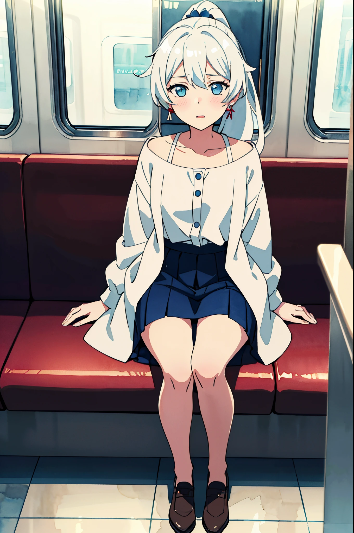 masterpiece, best quality, , 1girl, full body, solo, looking at viewer, , , (watercolor illustration, soft pastel colors:1.1), , kiana_kaslana, white hair, blue eyes, , ponytail hair will spread at its end, little mouth opened face, very light blush, face, girl sitting on the seat of train, woman Respectful picture