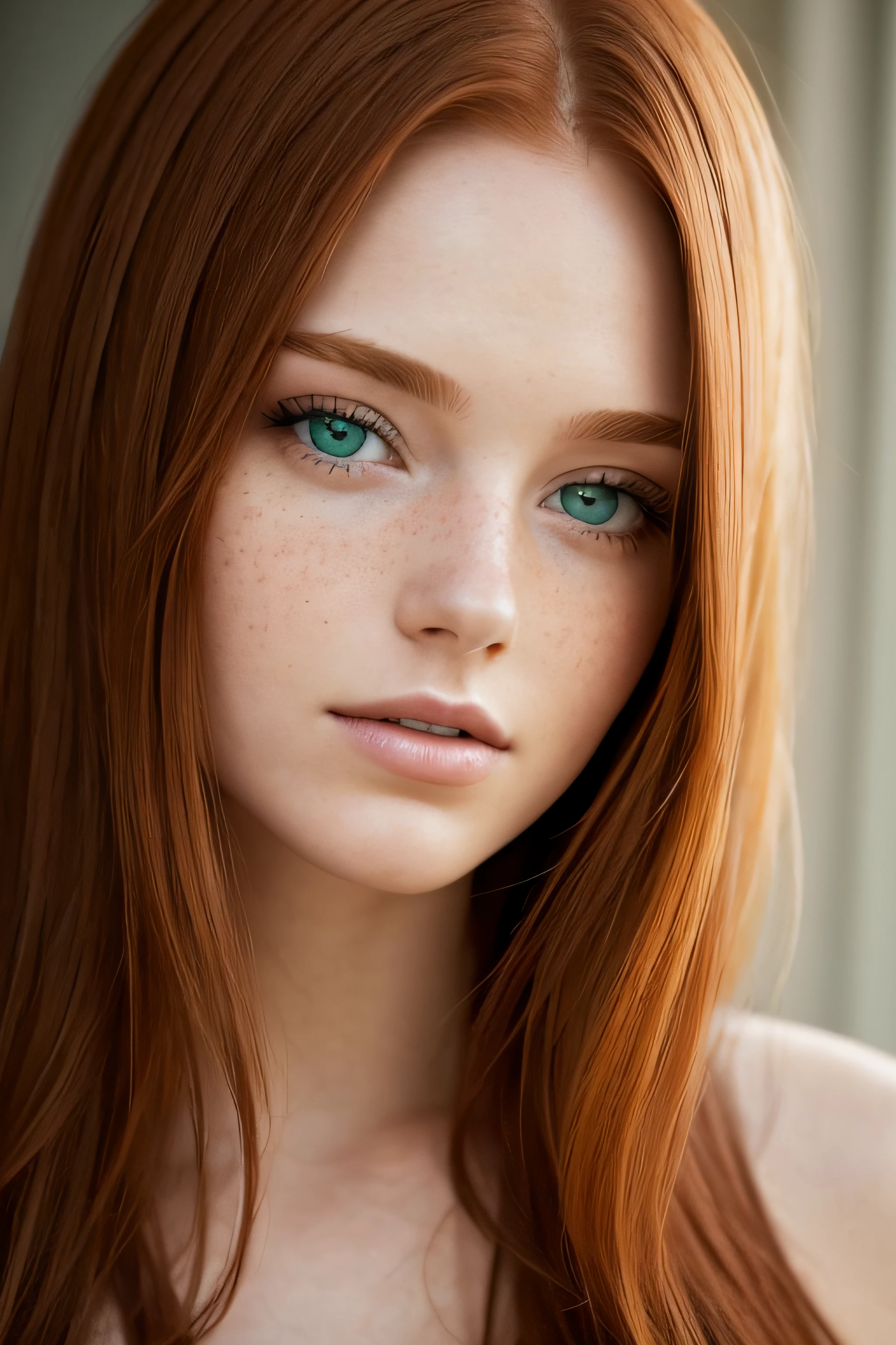 (close-up editorial photo of 20 yo woman, ginger  hair, slim American sweetheart), (freckles:0.8), (lips parted), realistic green eyes, POV, realistic[:, (film grain, 25mm, f/1.2, dof, bokeh, beautiful symmetrical face, perfect sparkling eyes, well defined pupils, high contrast eyes, ultra detailed skin, skin pores, vellus hair, fabric stitching, fabric texture, wood grain, stone texture, finely detailed features:1):0.9]