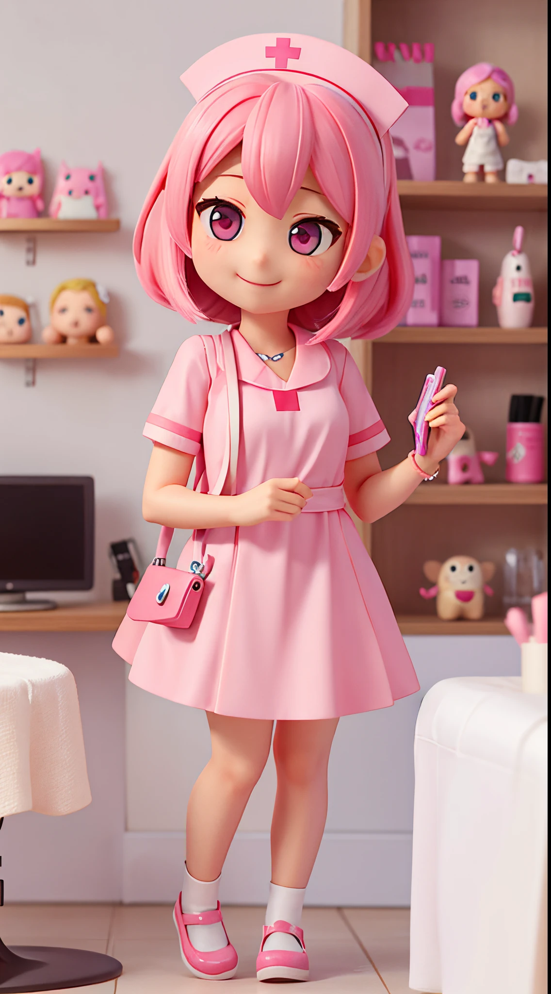 she is a cute nurse、Pink eyes、a smile、Mega Mini、tchibi、