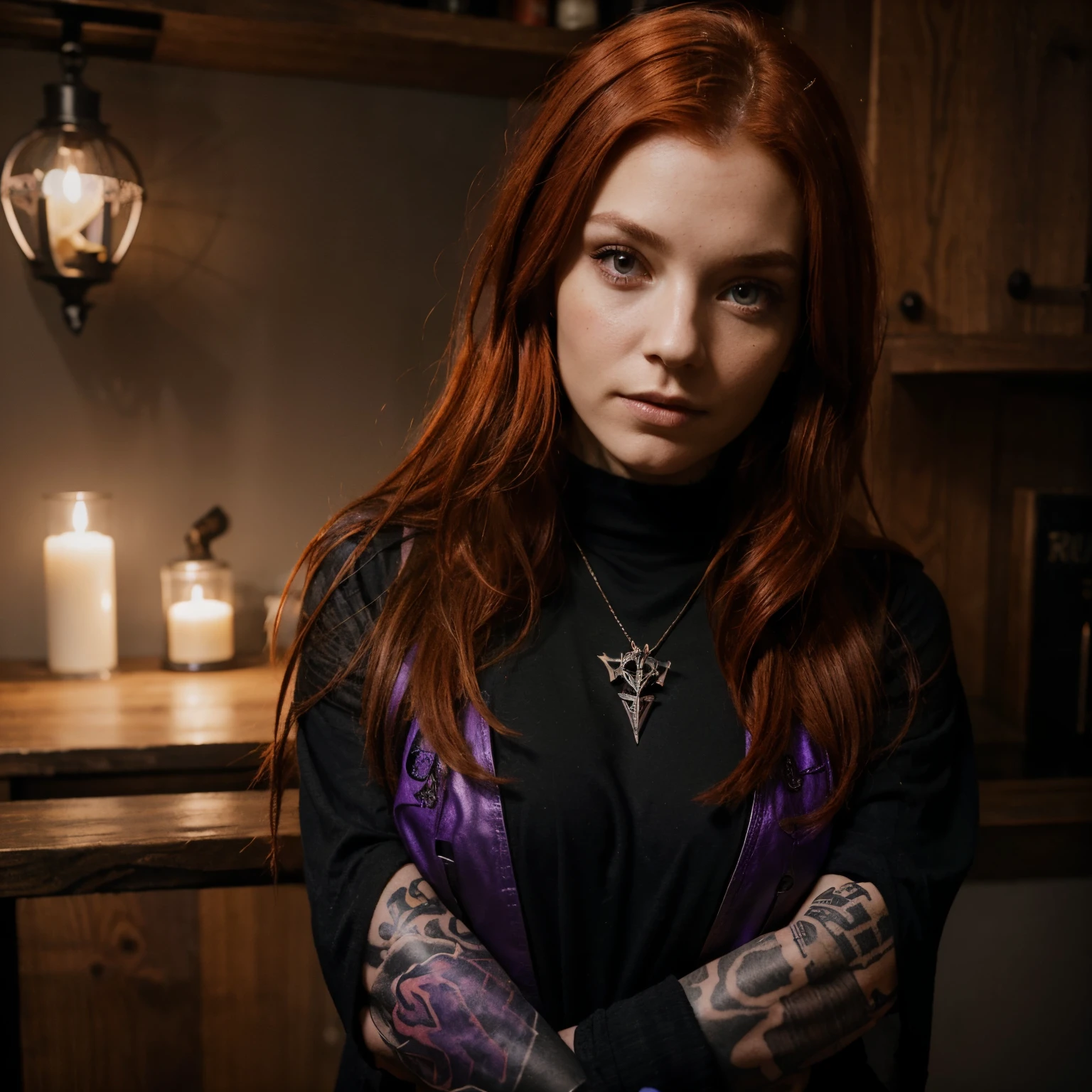 Tired young woman with red hair, dressed in leather witch armor in modern style. eyes glow purple. Hands covered with tattoos with Scandinavian runes. A black raven flies above her. She's getting ready for a spell. ultra realistis, a perfect face