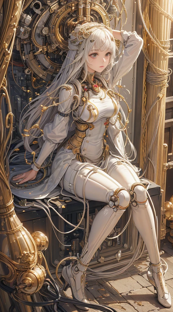 (((masterpiece))), (((best quality))), ((ultra-detailed)), (highly detailed CG illustration), ((an extremely delicate and beautiful)),(from side),cinematic light,((1mechanical girl)),solo,full body,(machine made joints:1.2),((machanical limbs)),(blood vessels connected to tubes),(mechanical vertebra attaching to back),((mechanical cervial attaching to neck)),(sitting),expressionless,(wires and cables attaching to neck:1.2),(wires and cables on head:1.2)(character focus),science fiction,extreme detailed,colorful,highest detailed