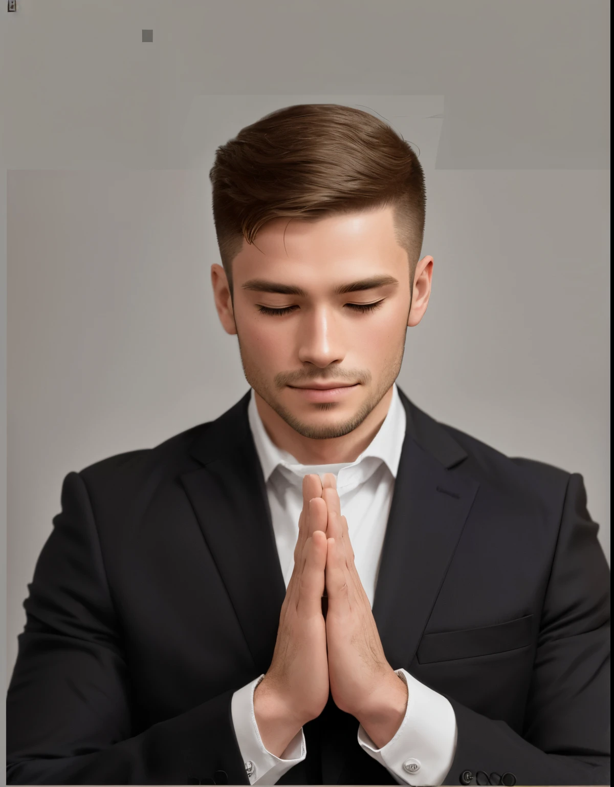 there is a man in a suit and tie is praying, praying posture, orar meditando, doing a prayer, gesto solene, meditating pose, foto de perfil profissional, hands of blessing, Maxim Shirkov, pose suave e calma, prayer hands, Meditativo, Closed hands, religioso, meditation pose, Her eyes are closed, in a business suit