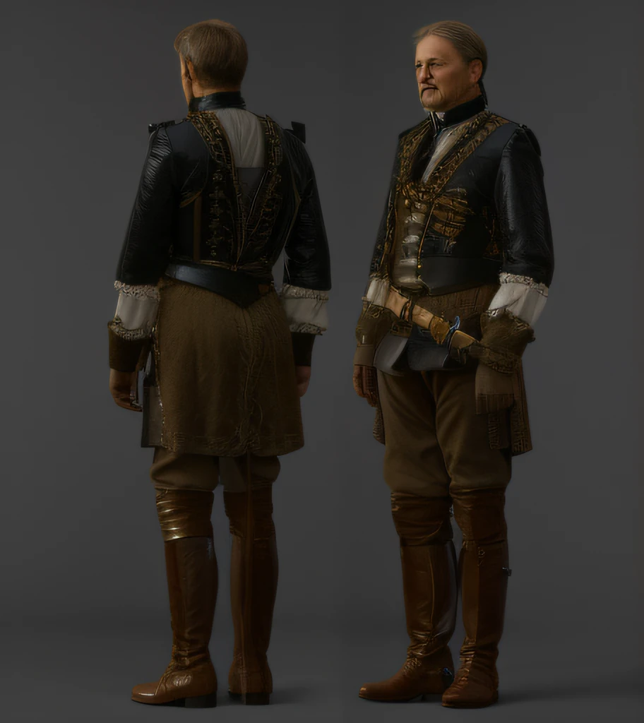 Close-up of a French old nobleman in a 17th century leather suit with a sword, full body shot hyperdetailed, lifelike texture, knee boots, Leather, soft light