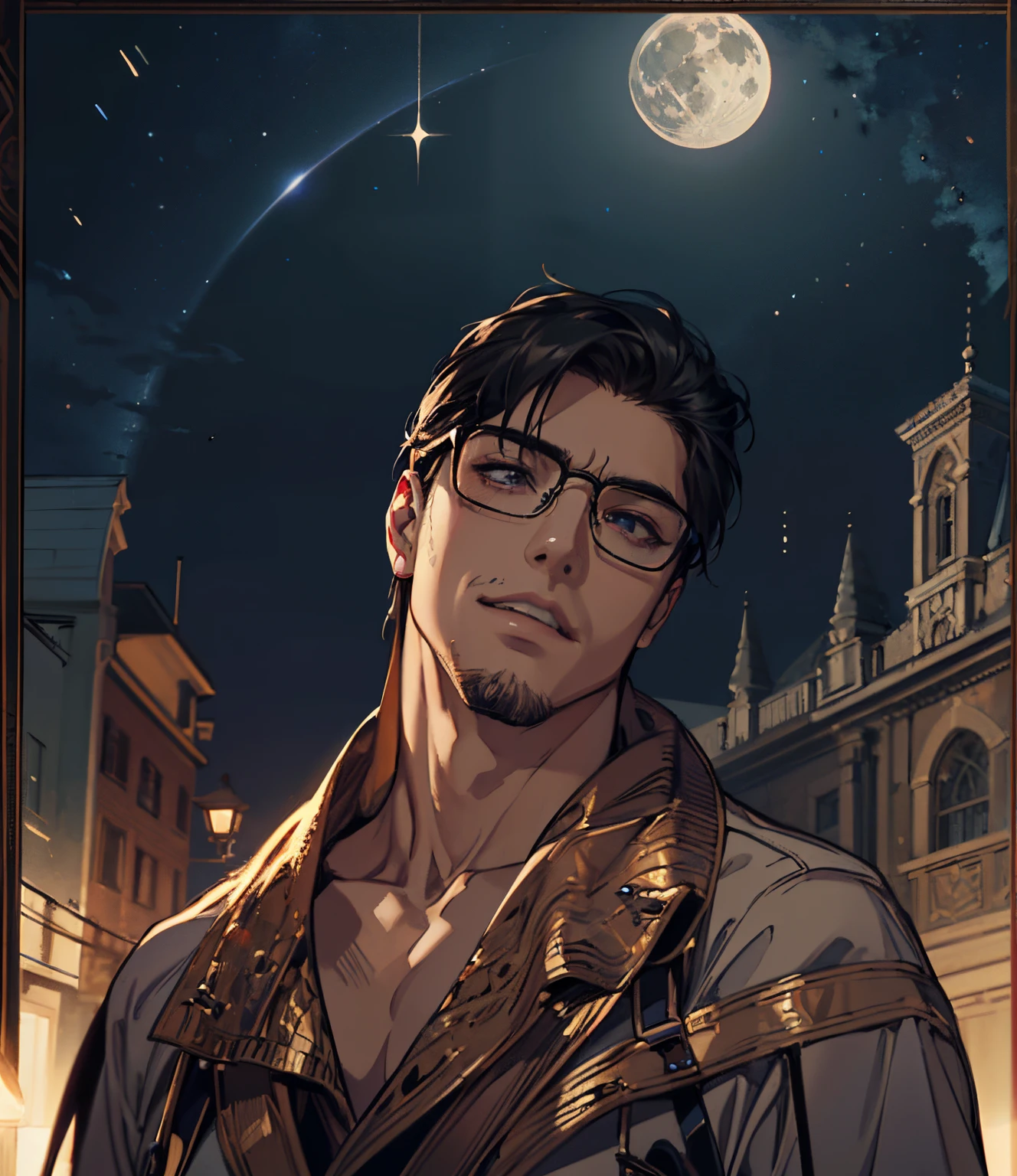 (absurdres, highres, ultra detailed), 1 male, , handsome, finely detailed eyes and detailed face, night sky, the moon \tarot\, Symbolism, Visual art, Occult, Universal, Vision casting, Philosophical, Iconography, Numerology, Popularity, Artistic, Alphone Mucha, short hair, smile, calm expression, glasses, vampire,