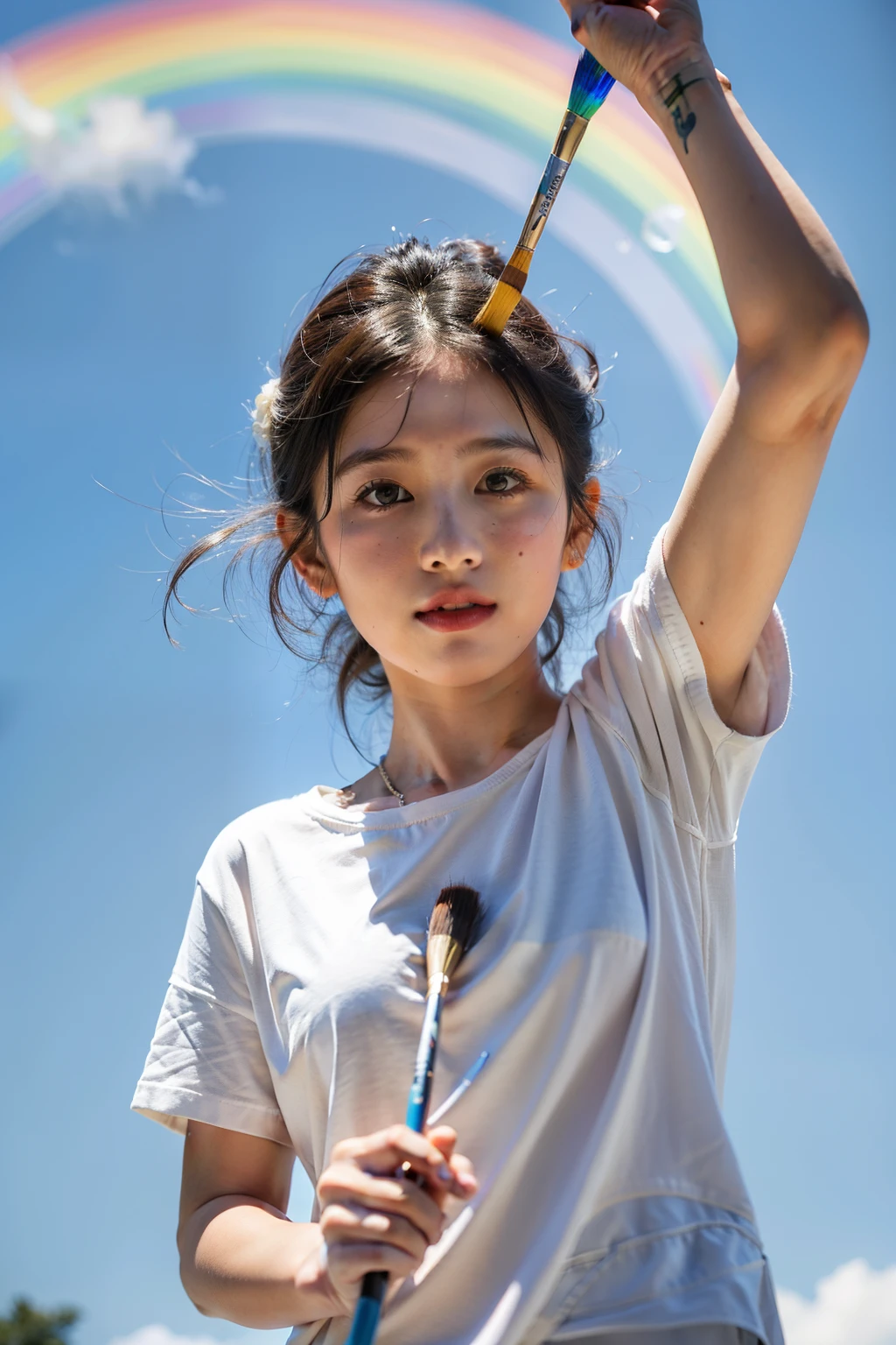 Three-year-old,sideface,Hold a paintbrush in your right hand,Head up,Raise your right hand to draw a rainbow in the blue sky