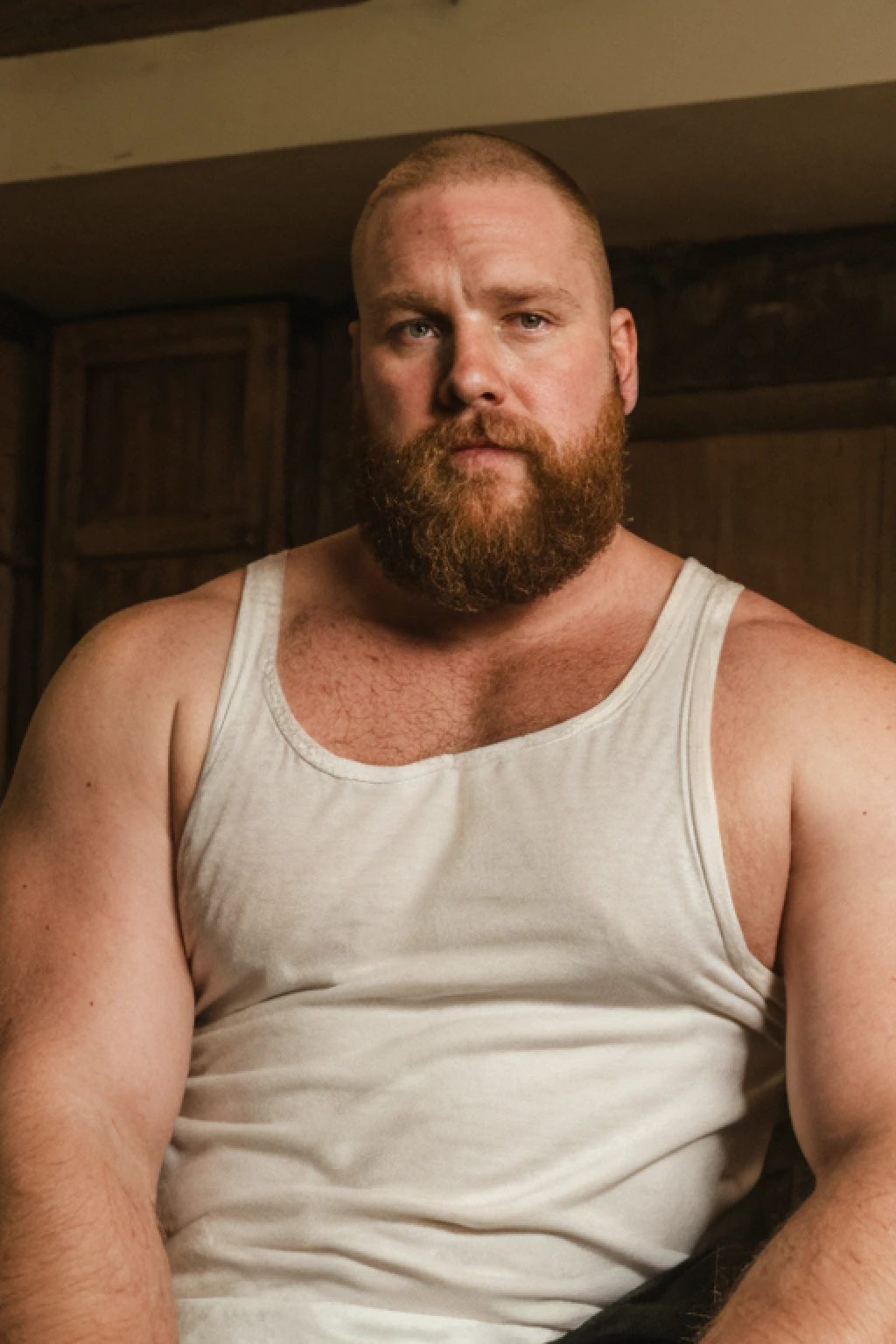 Paloroid image, old distroted, thirstrap, seductive, proud, revealing, Hot hunky uncle, skinhead, bearded, ginger, handsome, beefy, unaware, looking away, ((natural, lifelike)), hairy, macho, ugly, wearing a white tank top:1.4, sitting on a couch, at home, instant cundhot on the tanktop