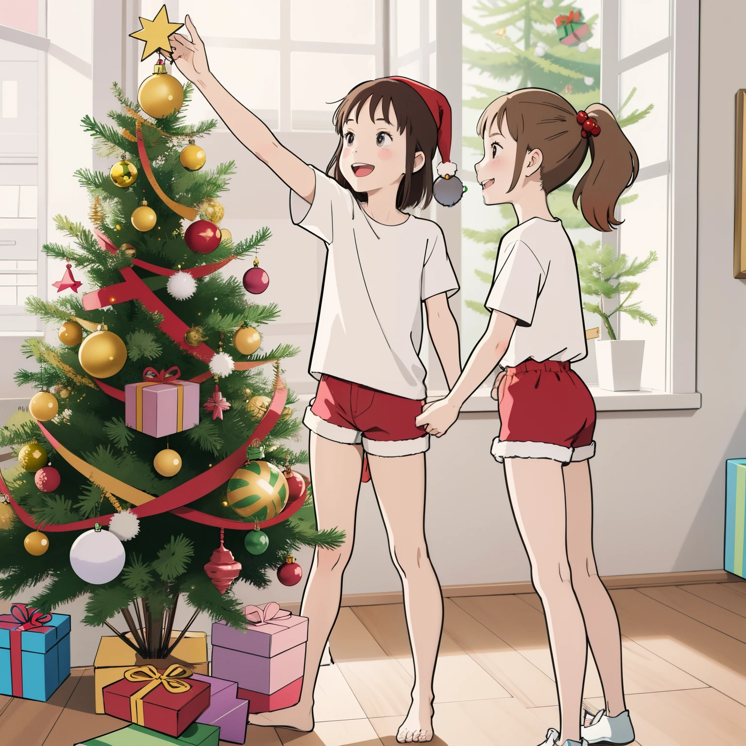 superflat, flat shading, flat colors, masterpiece, best quality, room, 2girls, 10yo loli, petite, white t-shirt, (print panties:1:0), putting ornaments on christmas tree, smile, sunlight, vibrant colors