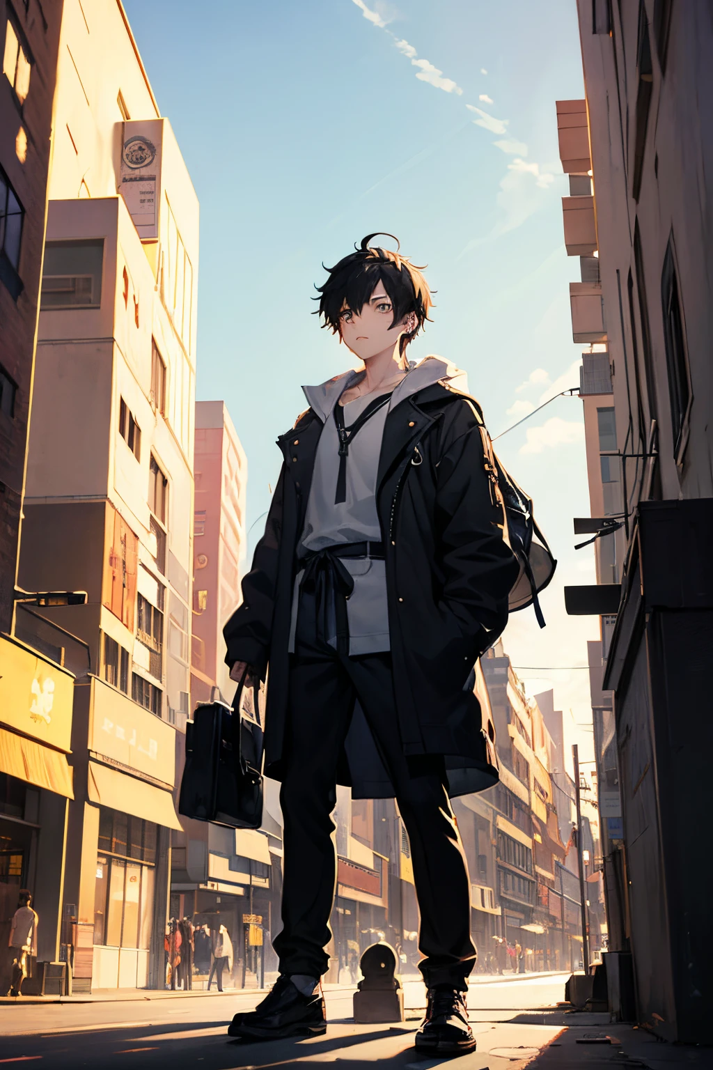 A boy, transformed into an anime style, with exaggerated unique facial features and clothing, standing on a bustling city street, backlit background highlighting the subject, high-contrast colors, 4K high-definition quality，young, calm, handsome