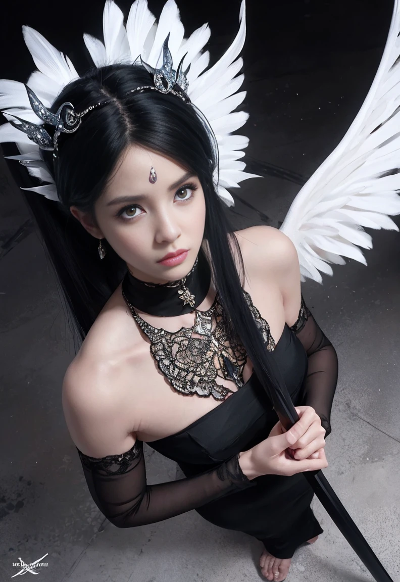 [monochrome:muted color:0.6] theme, (masterpiece), (best quality), (detailed), light layer, lustrous skin, (intricate detailed , taut clothes, , demon wings,hair ornament :1.2), from above, black hair, black choker, long hair, hime cut, blunt bangs, sidelocks, red eyes, holding quarterstaff,holding scythe,holding sword, (mature female:1.1), [uncensored, NSFW,, (lactation), side-ponytails BREAK (simple background:1.1),