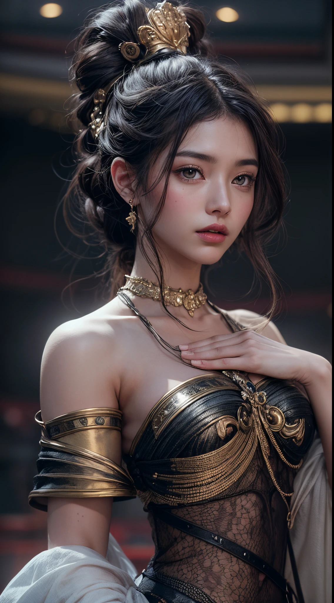 1girls,goddesses，Venus，Delicate and beautiful face,Medium long black hair，flowy，full breast，Convex buttocks，Roman skirt，perfectly proportioned, Detailed clothing details,Temple，arena，wonderland，Cinematic lighting, filmgrain, Fujicolor, light and darkcontrast, 8K, 巨作, Textured skin, Super detail, High detail, High quality, high resolucion, (NSFW)