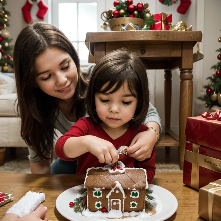 Little boy with mother decorating christmas gingerbread house together, family activities and traditions on Christmas and New Year's Eve