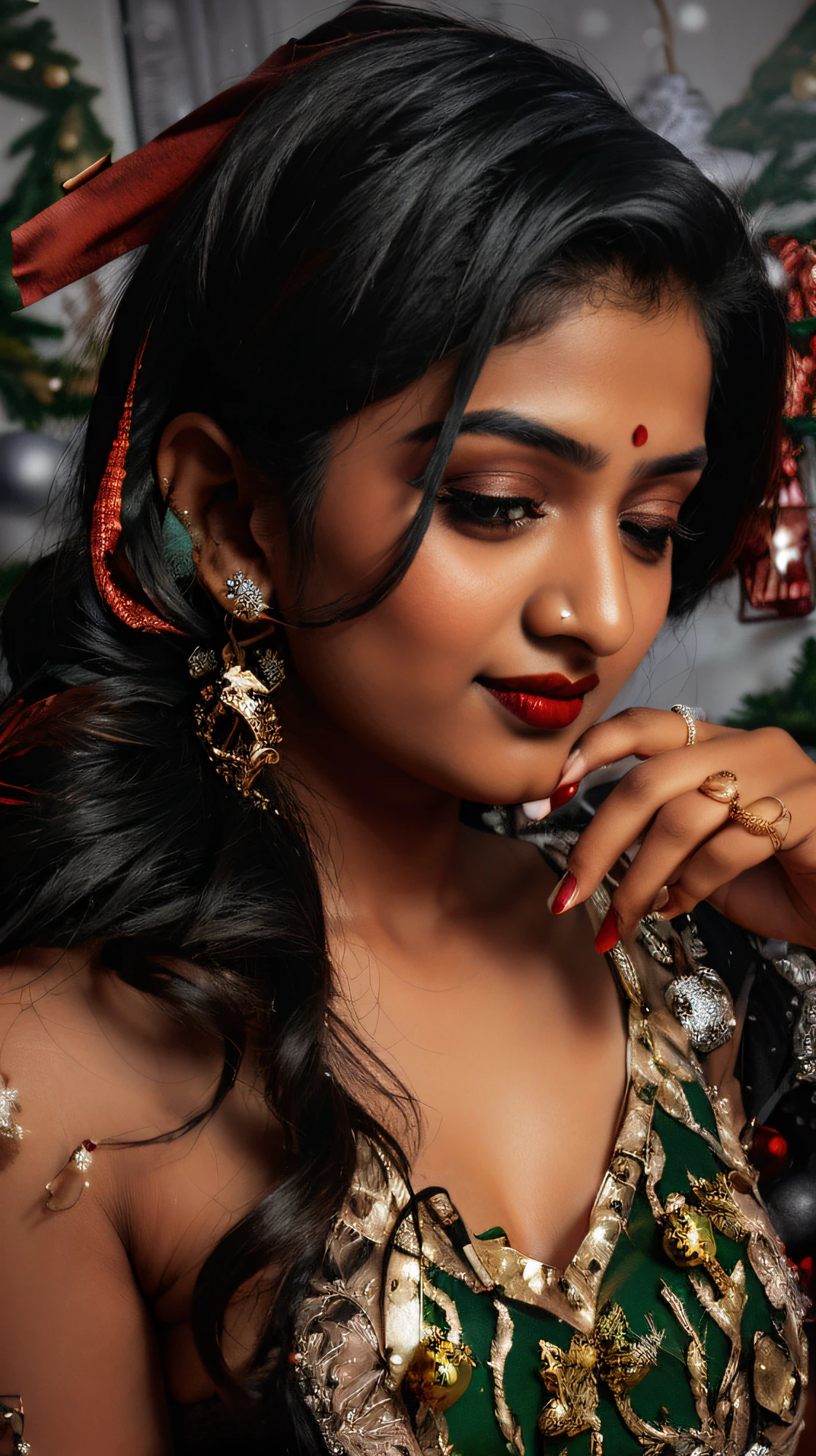 18 year old, female Bengali model, (christmasbckdrp:1.2), inside,presents,christmas dress, dark charcoal lips