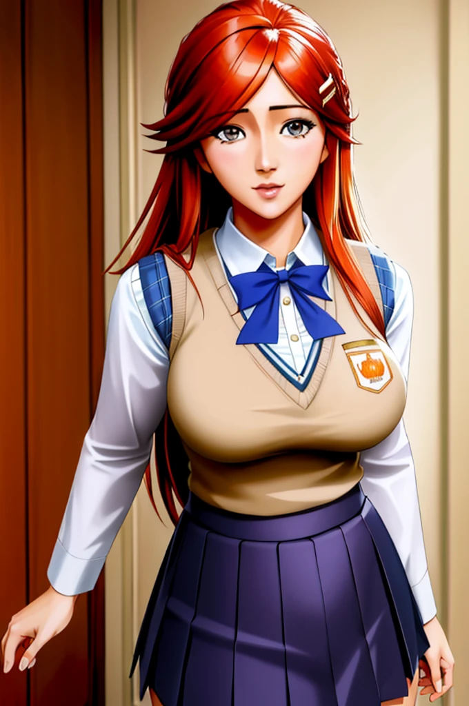 (best quality, ultra detailed, masterpiece), inoue orihime, orange hair, long hair, gray eyes, school uniform, hair ornament, thight sweater vest, pleated skirt, detalied background, school background, looking at the viewer, large breasts, arcane style