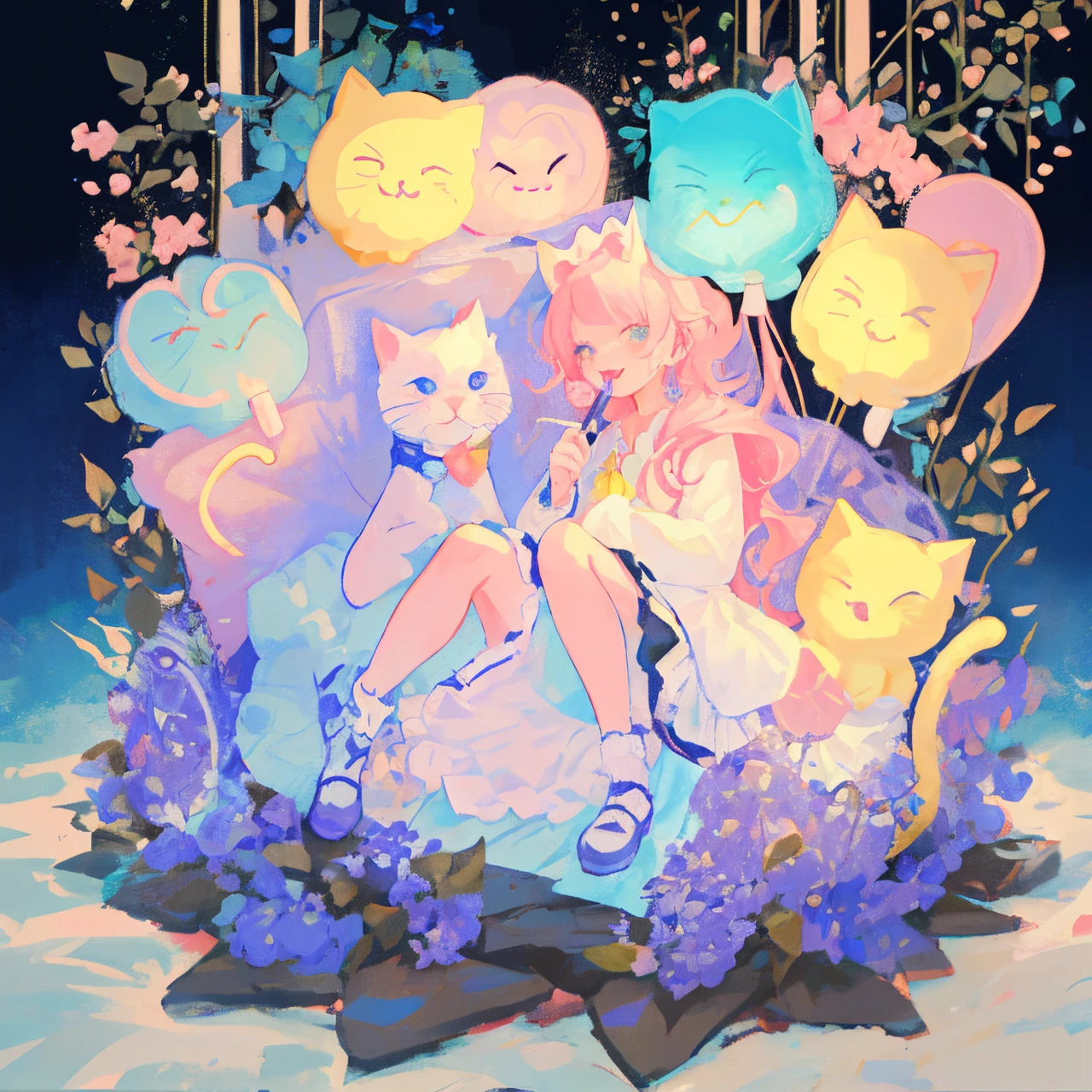 A candy cat in a colorful candy garden, vibrant and playful, with a whimsical candy tree and lollipops scattered around. The candy cat has bright, colorful fur and big, expressive eyes. It is surrounded by a variety of candies like gummy bears, lollipops, and chocolate bars. The cat is licking a lollipop with its tongue, and its tail is curled up in excitement. The garden is filled with candy-themed flowers and plants, and the sky is filled with cotton candy clouds. The overall image is of high quality, with vivid colors and sharp details. The style is a mix of illustrations and photography, giving it a unique and artistic look. The color palette is sweet and vibrant, with a focus on pastel colors such as pink, blue, and yellow. The lighting is soft and warm, casting a gentle glow on the candy cat and the surroundings. Best quality, high resolution, and ultra-detailed artwork.