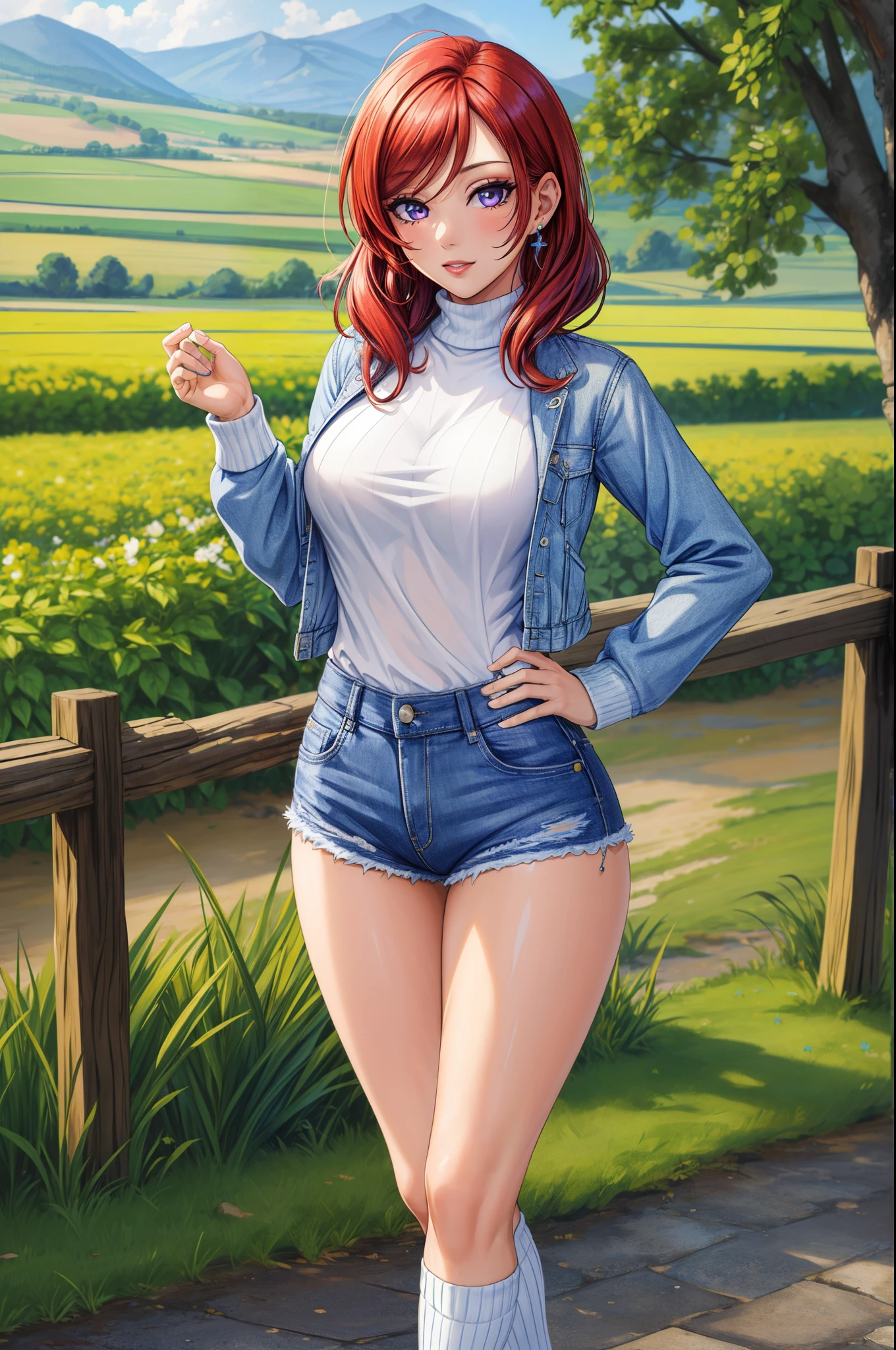 (Masterpiece, Best Quality, High Quality:1.4), professional artwork, well drawn, Intricate Details, field of view,
Nishikino maki, race background, afternoon, 
Red hair, lipstick, makeup, ultra detail hair, ultra detail face, perfect eyes, perfect face, earring, purple eyes, Looking at Viewer, flirting, one hand on hip,
Tight short denim shorts, crop jacket, sweater, long socks.