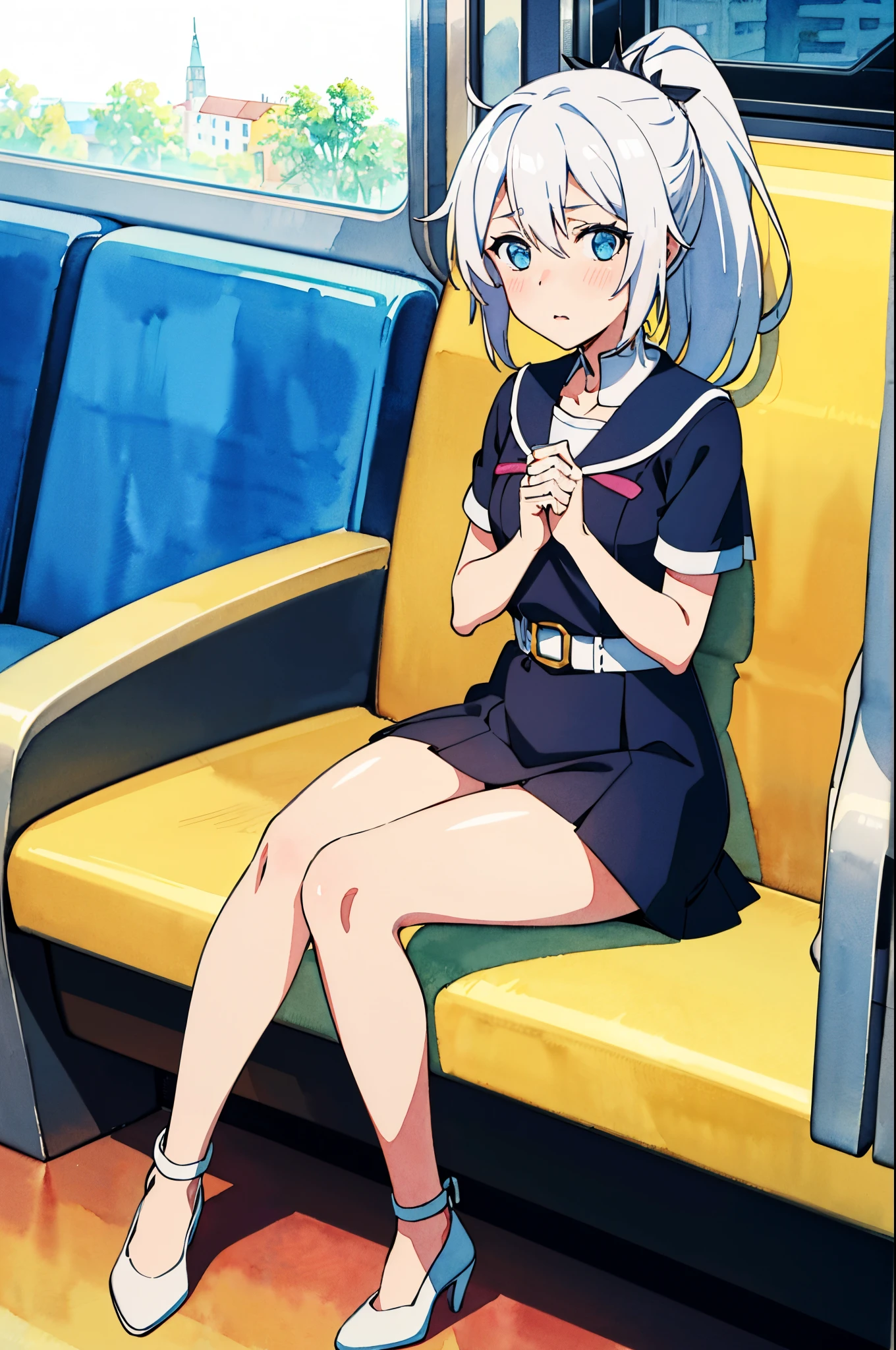 masterpiece, best quality, , 1girl, full body, solo, looking at viewer, , , (watercolor illustration, soft pastel colors:1.1), , kiana_kaslana, white hair, blue eyes, , ponytail hair will spread at its end, little mouth opened face, very light blush, face, girl sitting on the seat of train, woman Respectful picture