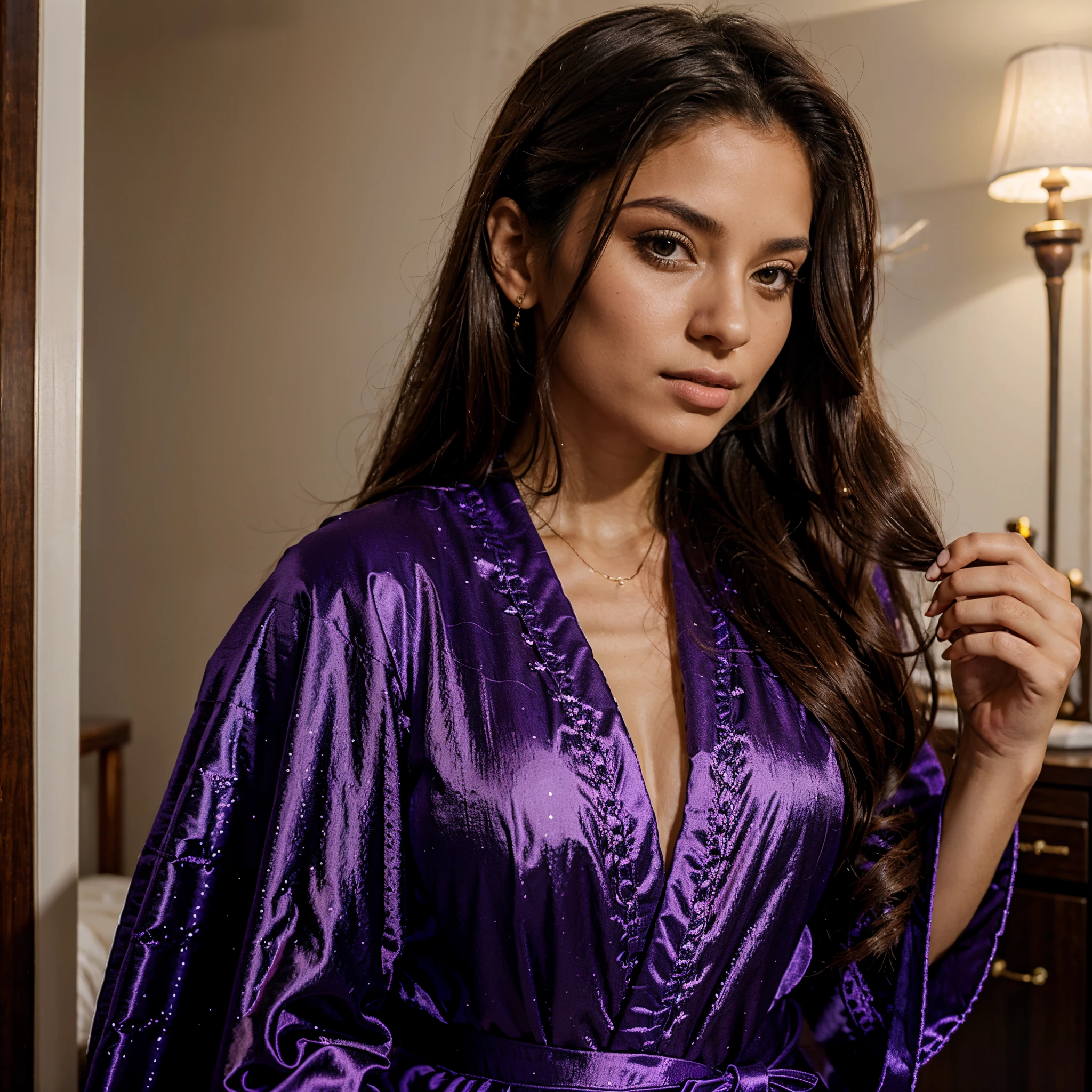 Portrait;a girl from Brazil wearing a beautiful purple elegant classy robe, brunette, long hair