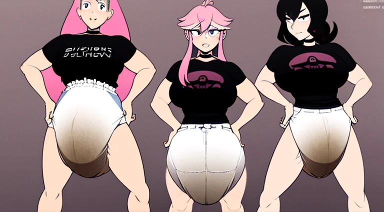 One young woman, human, light skin, long pink hair, very muscular, black choker, black tee shirt, gigantic tits, wearing a diaper, diaper, thick diaper, plain white diaper, huge diaper, bulky diaper, plush diaper, bulbous diaper, messy diaper, poopy diaper, wet diaper, massive diaper. Standing up, hands on hips, confident proud expression.