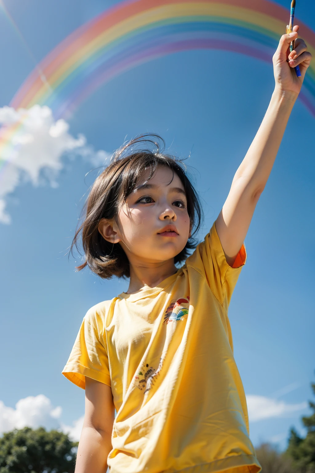 Three-year-old，Side Body，Hold a paintbrush in your right hand，Head up，Raise your right hand to draw a rainbow in the blue sky