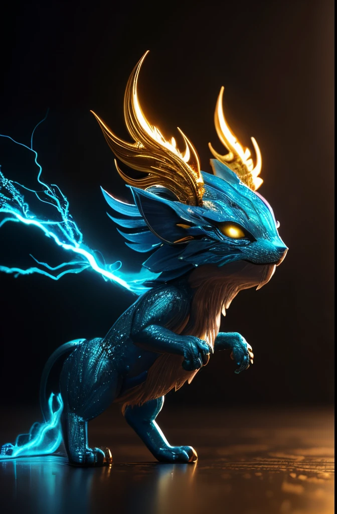 Blue and Gold little (spirit creature), Electricity, Thunders, surrounded by lightning, floating, (humanoid), (fierce), Gold details, Gold tendrils, rendered in keyshot, rendered in octane render 32k, epic 3d abstract model, 3d render stylized, rolands zilvinskis 3d render art, greg rutkowski, octane render, super rendered in octane render, rendered in cinema 4d octane, rendered in octane