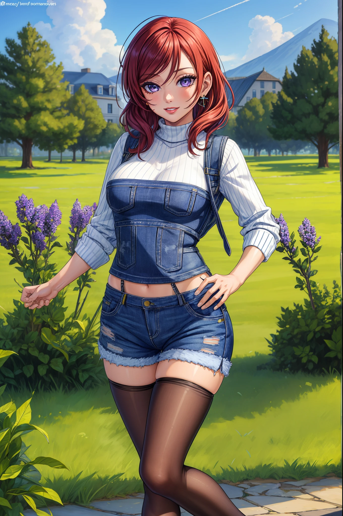 (Masterpiece, Best Quality, High Quality:1.4), professional artwork, well drawn, Intricate Details, field of view,
Nishikino maki, race background, afternoon, 
Red hair, lipstick, makeup, ultra detail hair, ultra detail face, perfect eyes, perfect face, earring, purple eyes, Looking at Viewer, flirting, one hand on hip,
Tight short denim shorts, crop jacket, sweater, long socks, pantyhose.